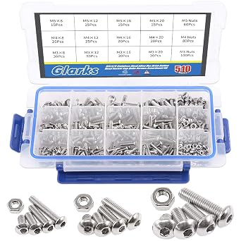 Glarks 510Pcs M3 M4 M5 304 Stainless Steel Allen Hex Drive Button Head Socket Cap Bolts Screws Assortment Kit