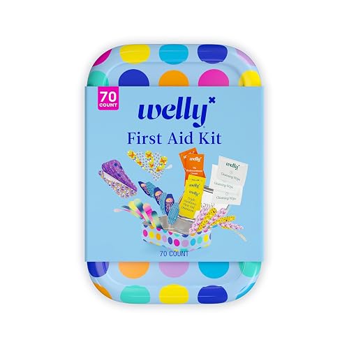 Welly First Aid Kit - Adhesive Bandages in Flexible Fabric and Waterproof, Singe Use Ointments (Triple Antibiotic, Cleansing Wipes and Hydrocortisone) - 70 Count