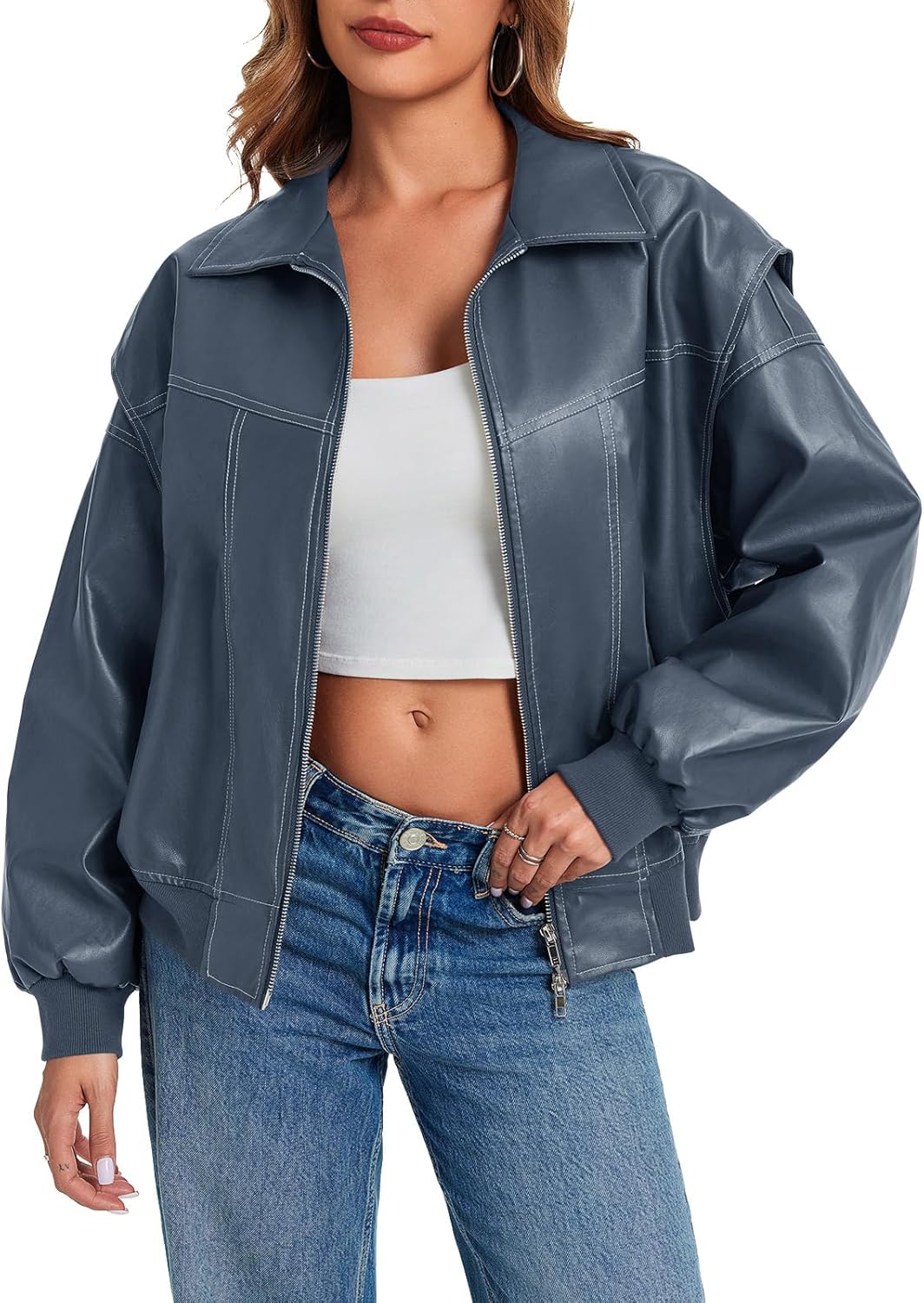 Tankaneo Womens Oversized Leather Bomber Jackets Cap Sleeve Zip Up Motorcycle Coats with Pockets - Image 2