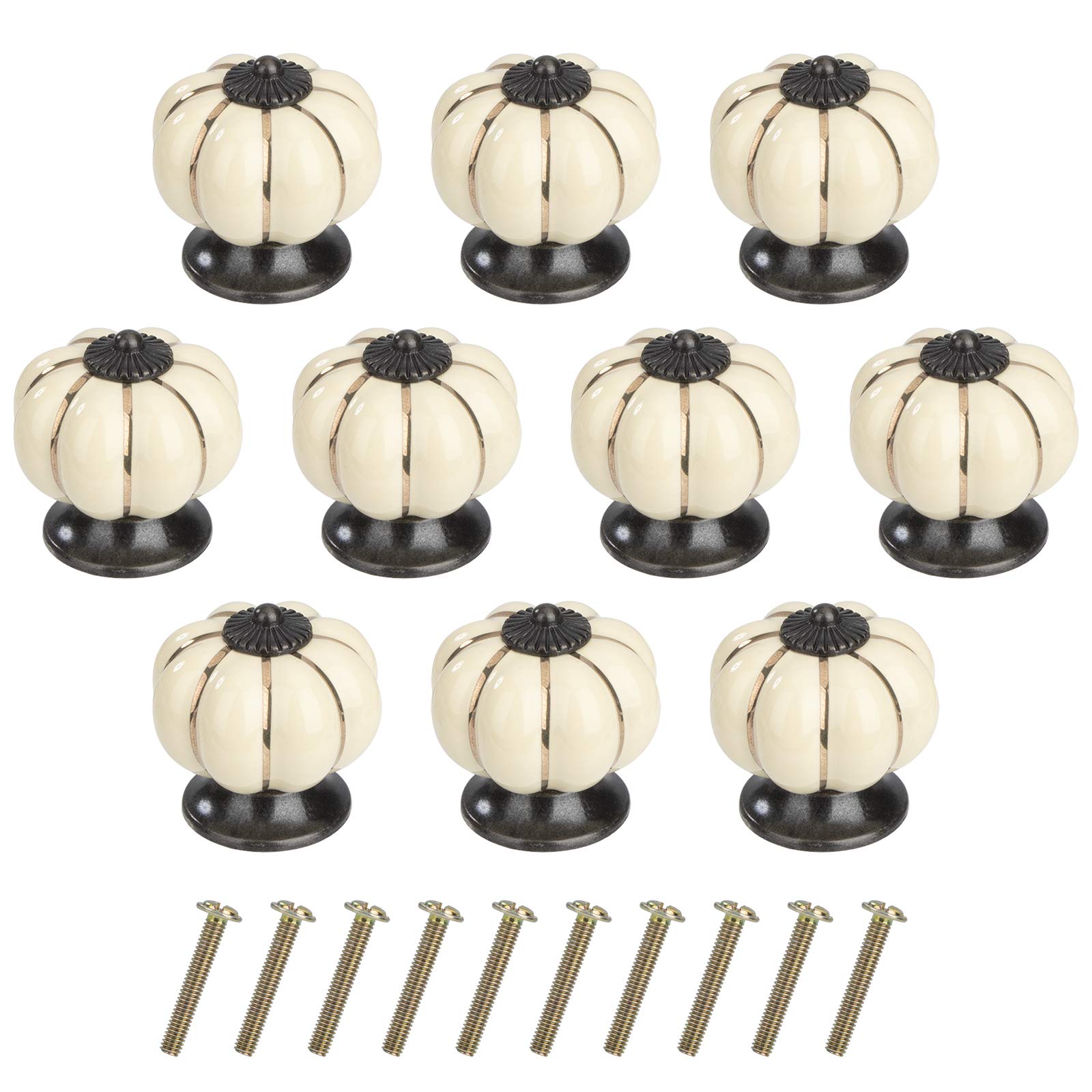 Cabinet Knob Round Door Knobs Pumpkin Shape Pull Handle with Screws for Cabinet Wardrobe Drawer Cupboard 10 Pieces Ivory