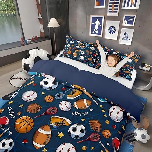Miniatura 3 de Funda de edredón con estampado de fútbol, béisbol, rugby, baloncesto, voleibol para niños, jóvenes, adolescentes, hombres funda de edredón con