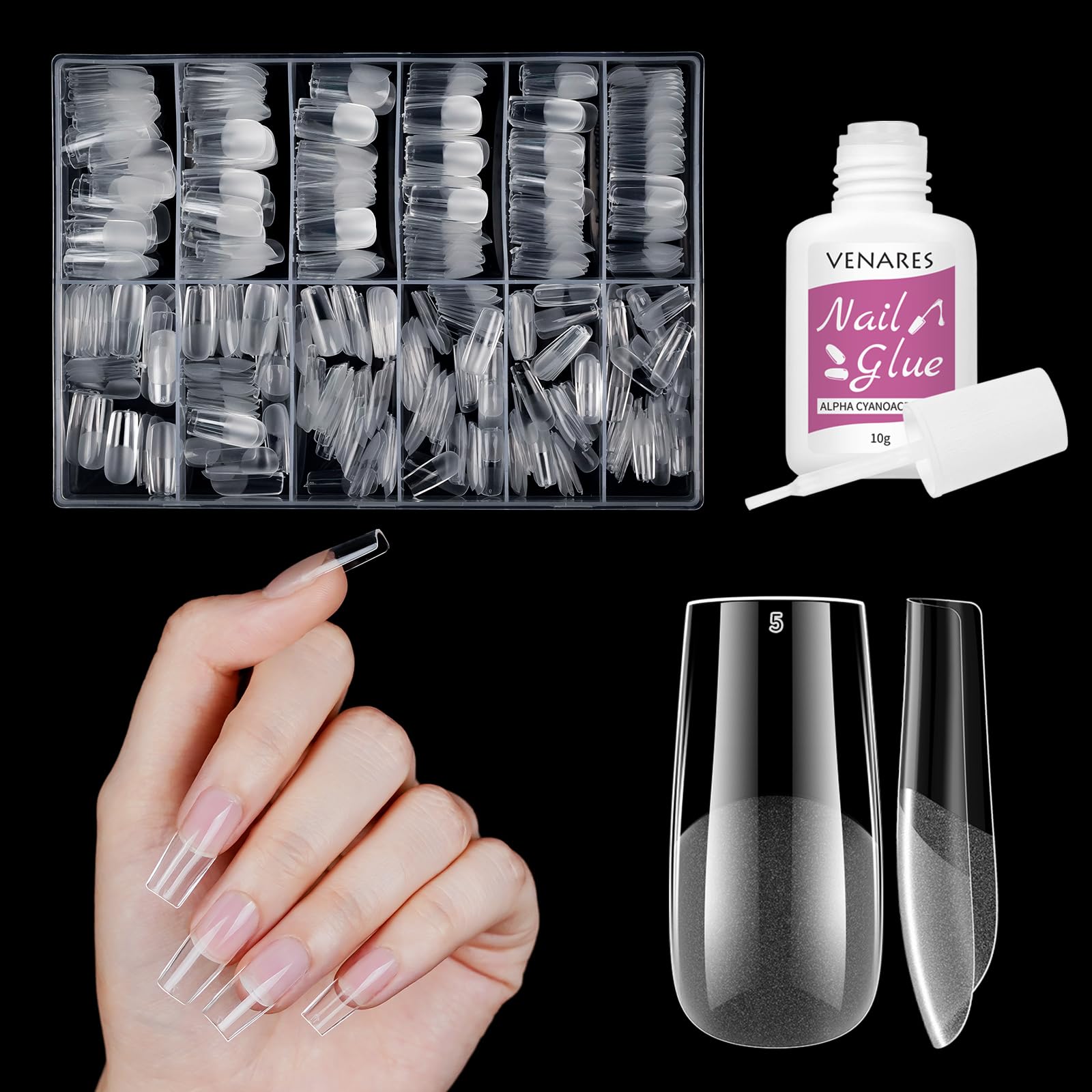 Quadrat Medium Nageltip für Gelnägel, Venares 500 Stück Full Cover Nail Tips für Gelnägel 12 Größen Falsche Nägel zum Aufkleben, Soft Gel Press on Nail Tips Square