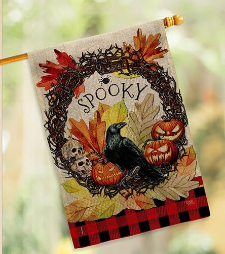 Miniatura 9 de Corona espeluznante bandera de casa de arpillera – Paquete de noche de brujas de Halloween de otoño, temporada de gatos negros, calabaza otoñal