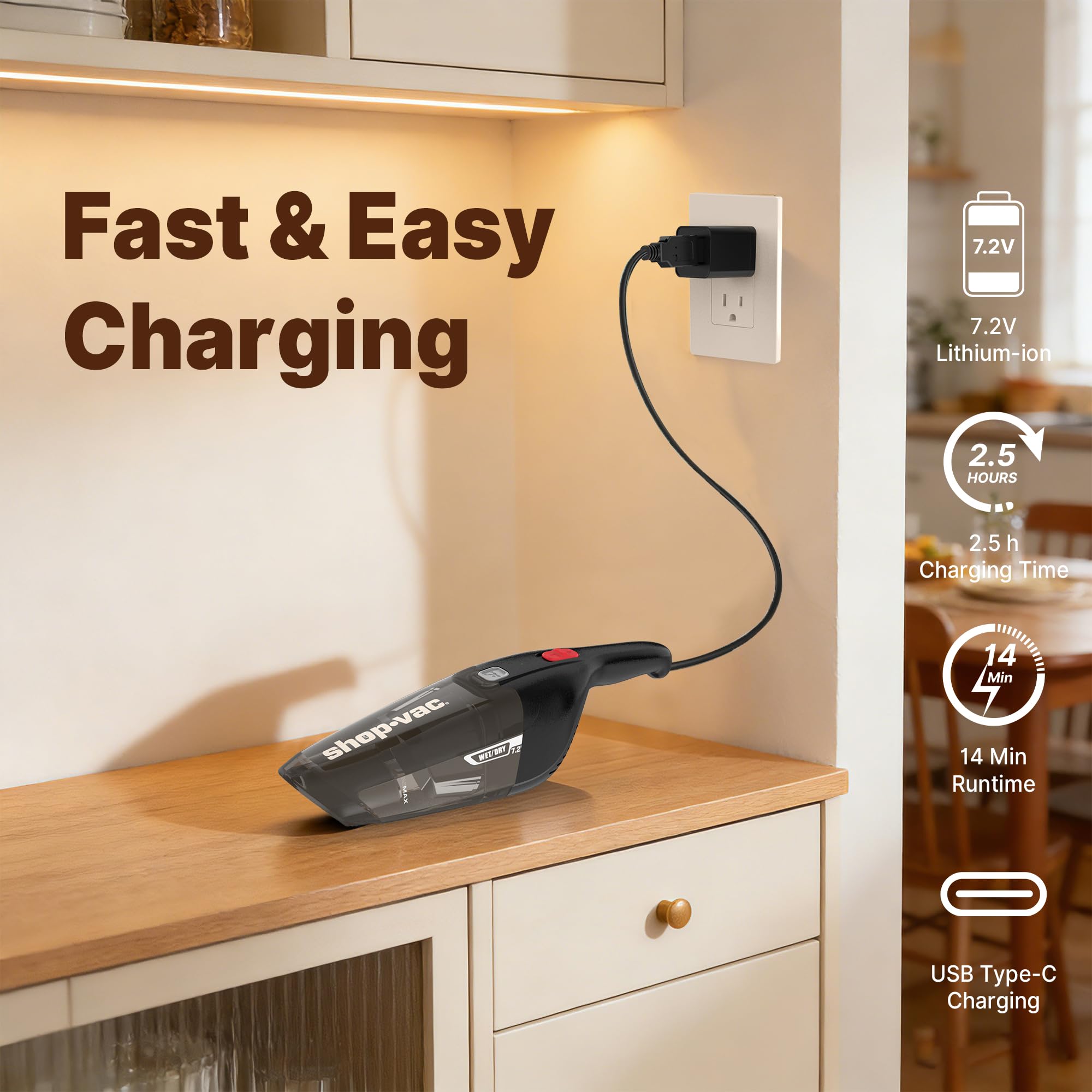 Shop Vac - Aspirador de Mano para Uso en seco y húmedo, 5500 kPa, inalámbrico, Recargable, Montaje en Pared, Herramienta de Grietas, portátil para el hogar