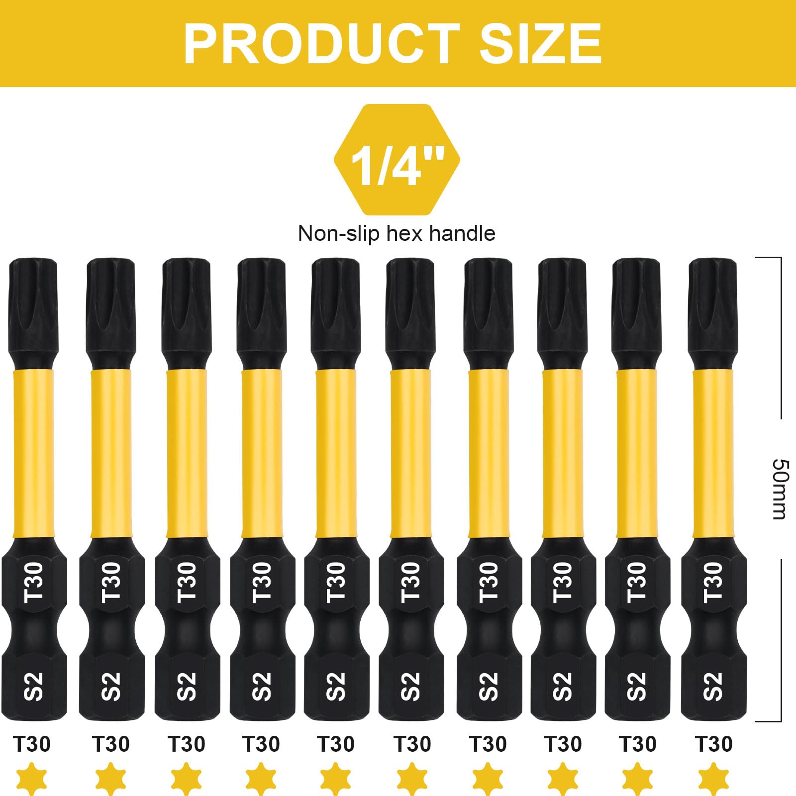 DAKCOS T30 Torx Bit, Impact Driver Bits, 1/4" Screwdriver Bit Sets, 10PCS Premium S2 Alloy Steel Bits, 50mm Long - Image 2