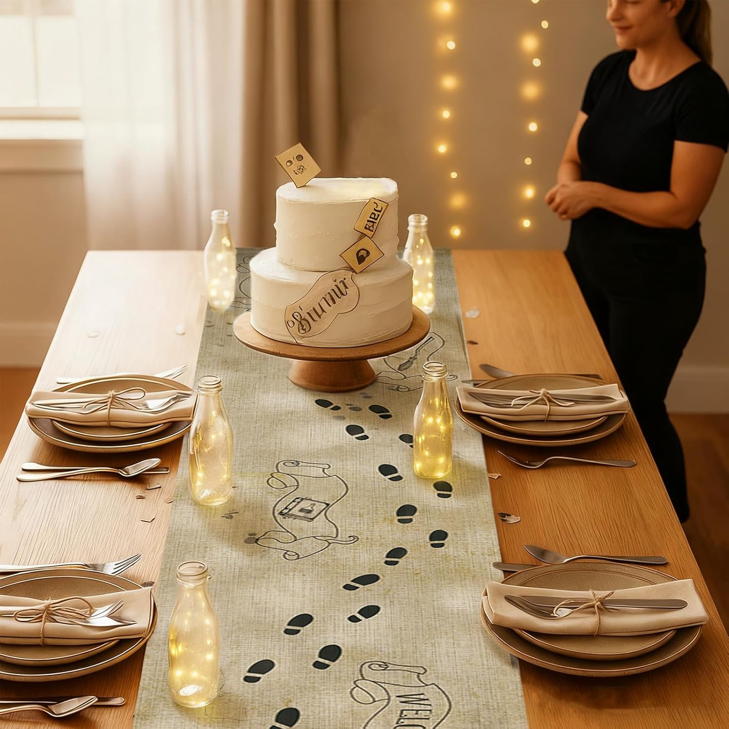 Preboun 1 Pcs Footprint Map Magical Wizard Table Runner Wizard Party Decorations Linen Vintage Birthday Party Table Runner Decor for Home Dining Room Kitchen - Image 6