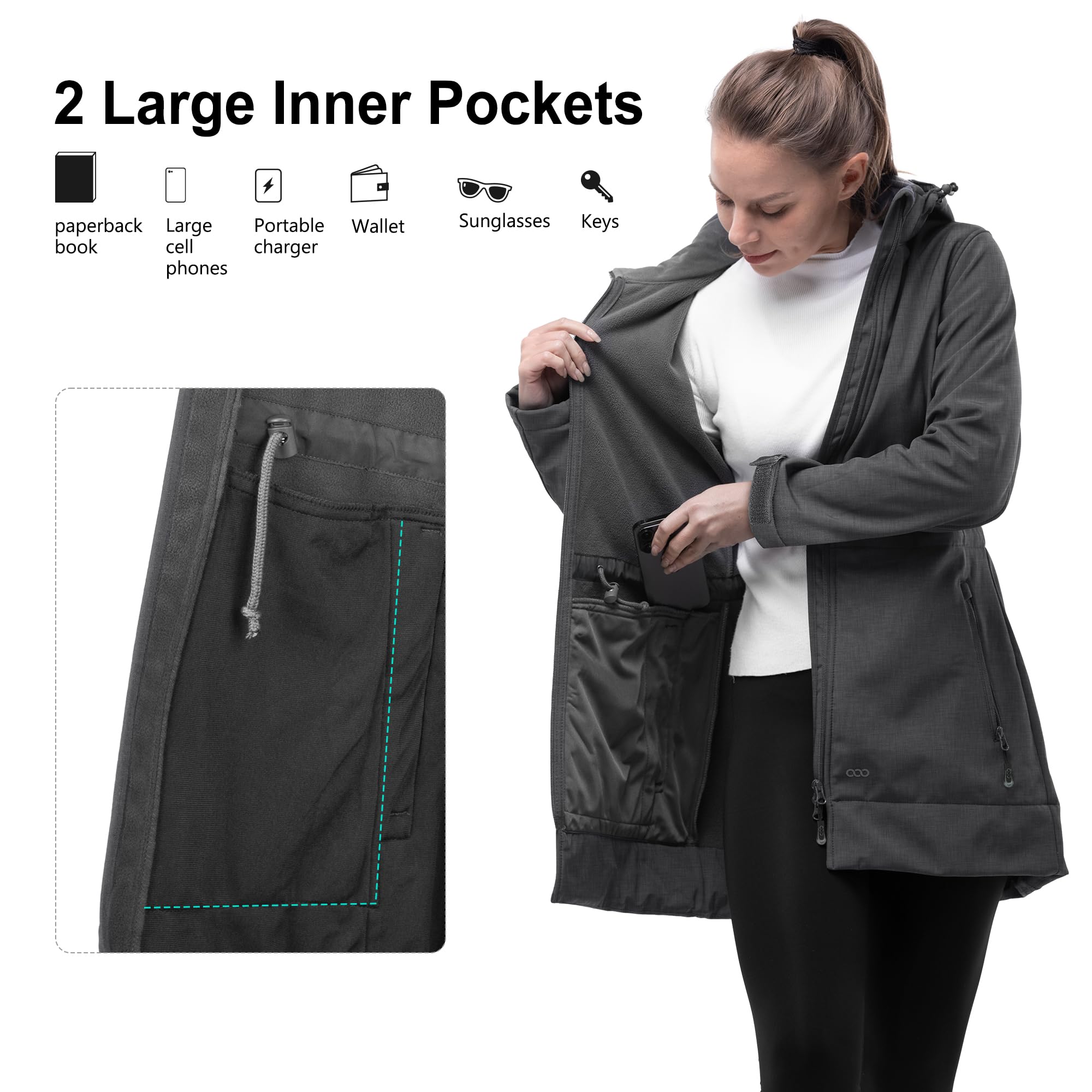 Giacca lunga da donna in softshell, con cappuccio, foderata in pile, antivento, impermeabile