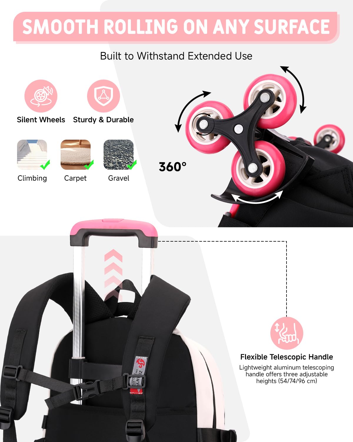 Tanou Zaino Trolley Scuola Elementare e Media per Ragazze Adolescenti 30 L | Staccabile Zaino Rotelle Bambina, Zaino Casual con Ruote in Nylon Impermeabile per la Scuola Viaggio, Nero