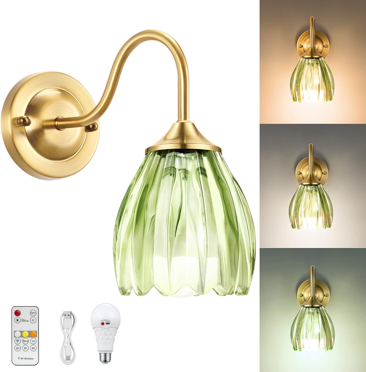 Battery Operated Wall Sconce, Vintage Green Tulip Glass Wireless Sconces, Rechargeable Wall Sconce, Battery Powered Light/Lamp for Bedroom Living Room Entryway Corner (1 Pack) Green-1 Pack