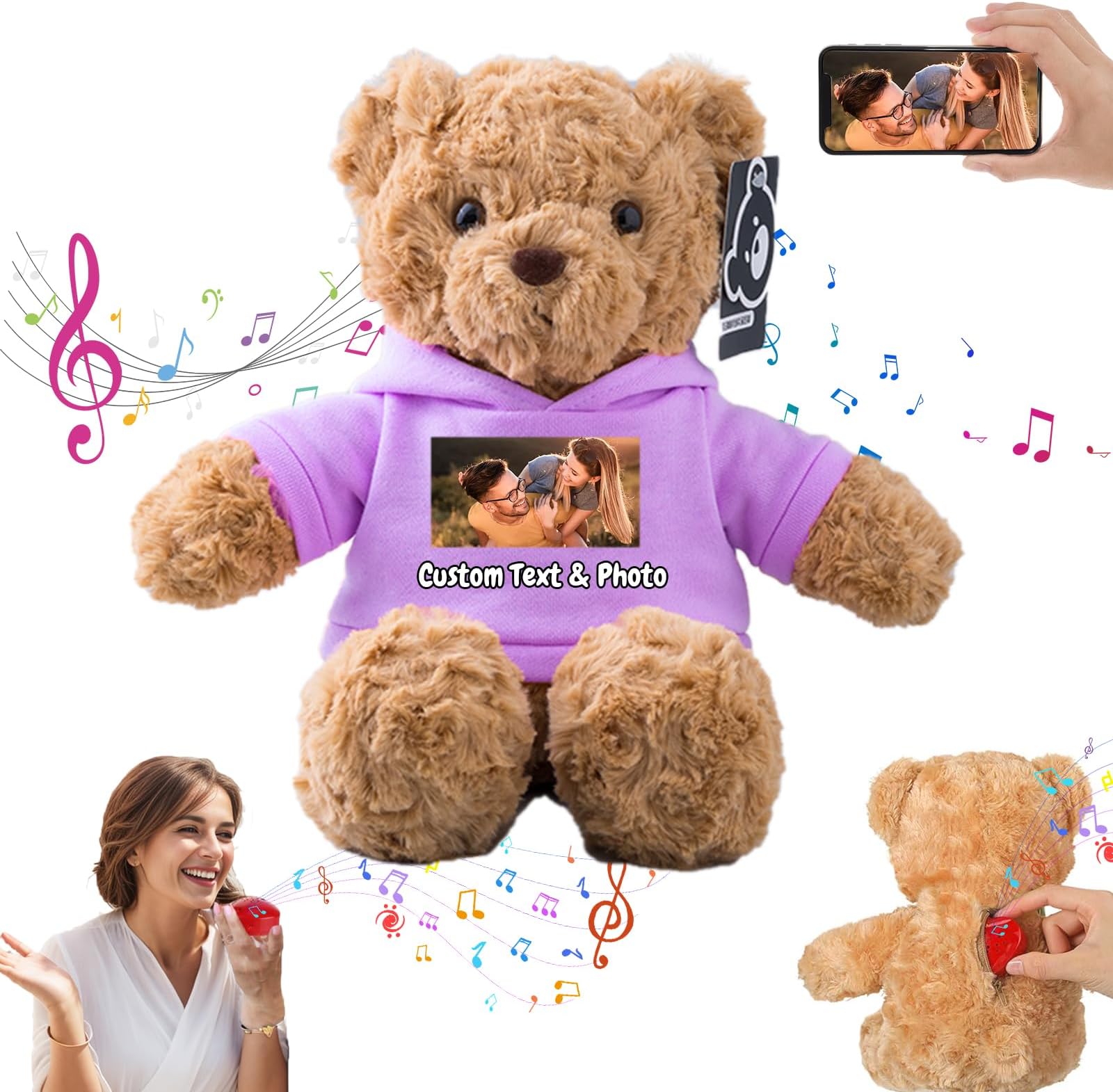 MeterBearPersonalised Teddy Bear with Voice Recording for Kids Adults, Personalised Gifts Bear with Bow Plush Toys with Text+Photo as Customised Gift for Valentines Christmas (11 inch-Text+Photo)