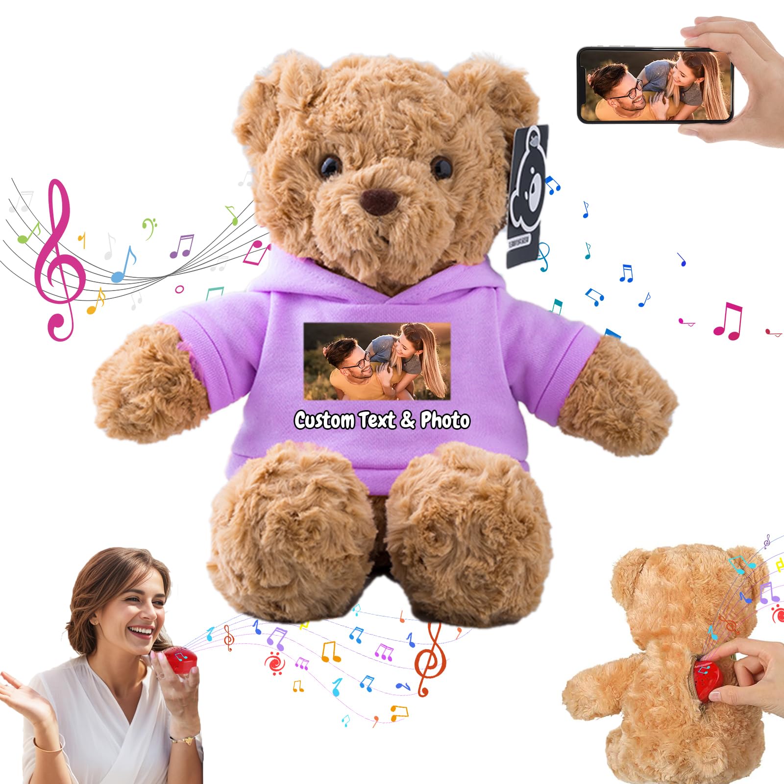 MeterBearPersonalised Teddy Bear with Voice Recording for Kids Adults, Personalised Gifts Bear with Bow Plush Toys with Text+Photo as Customised Gift for Valentines Christmas (11 inch-Text+Photo)