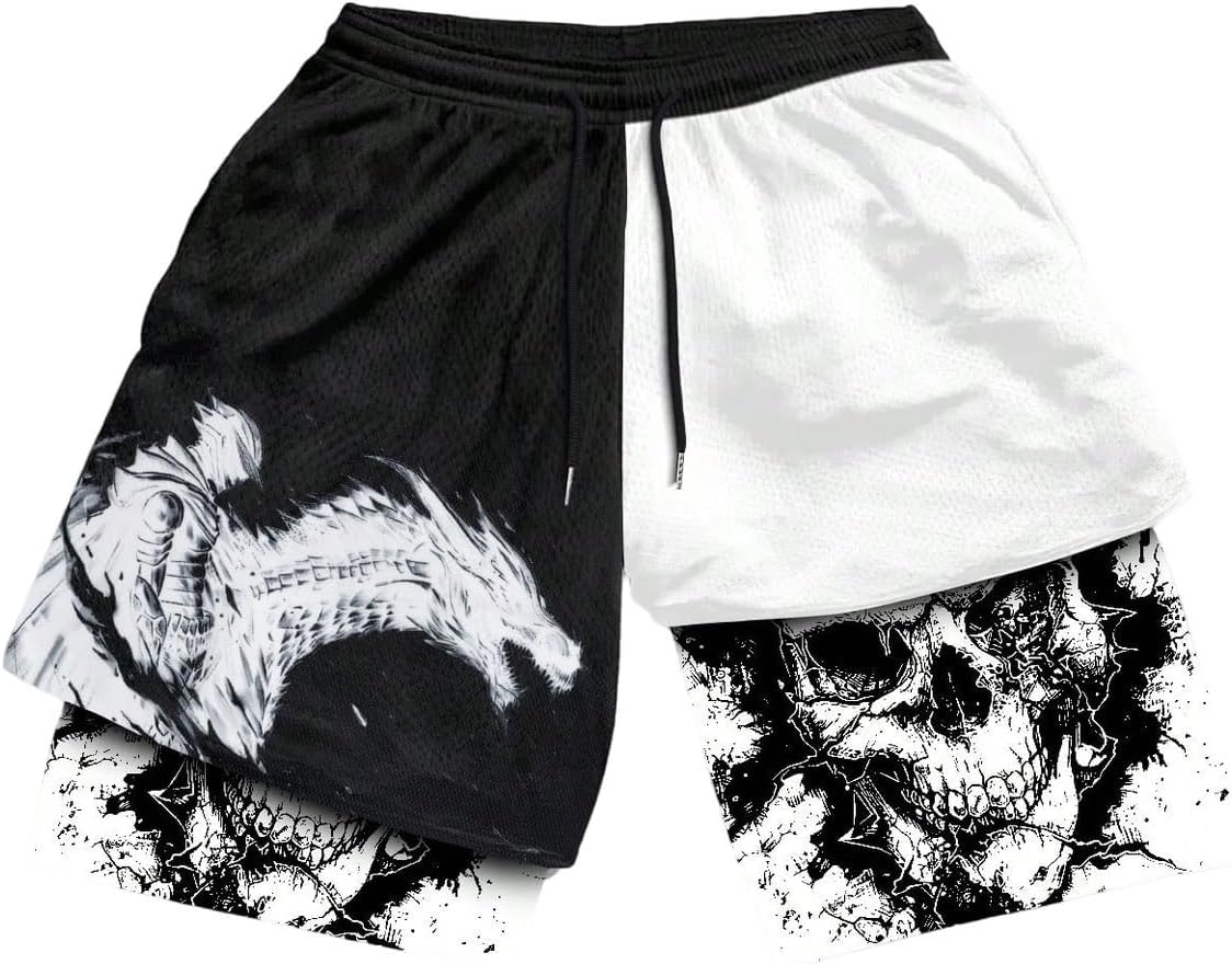 GORGLITTER Men's Graphic Anime Gym Shorts Y2K 2 in 1 Basketball Athletic Workout Drawstring Drippy Shorts
