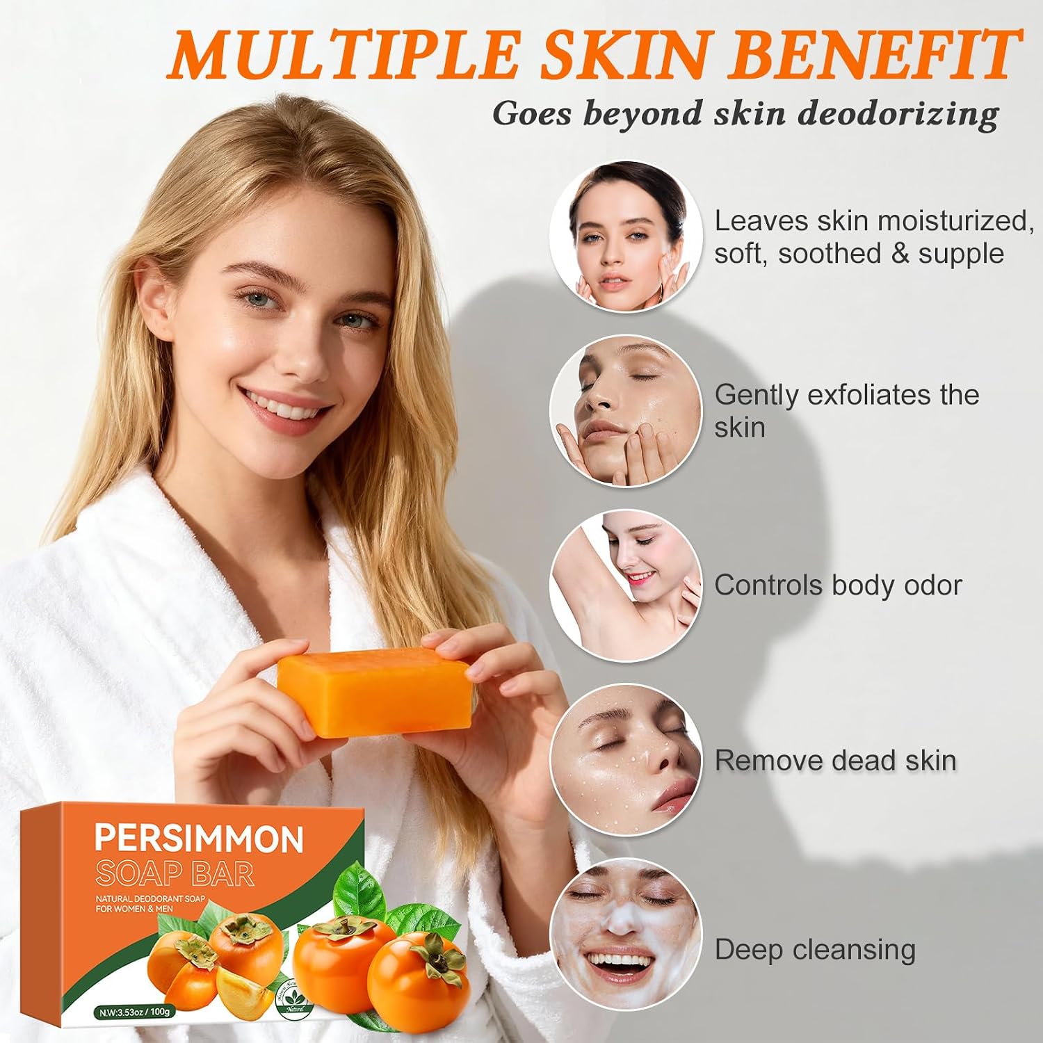3 PCS Persimmon Soap Bar for Old People Smell, Body Odor Control Bar Soap for Women & Men, Purifying Deodorizing Face Body Wash Soap with Persimmon & Green Tea Extract, Eliminating Strong Smell Odor image 2
