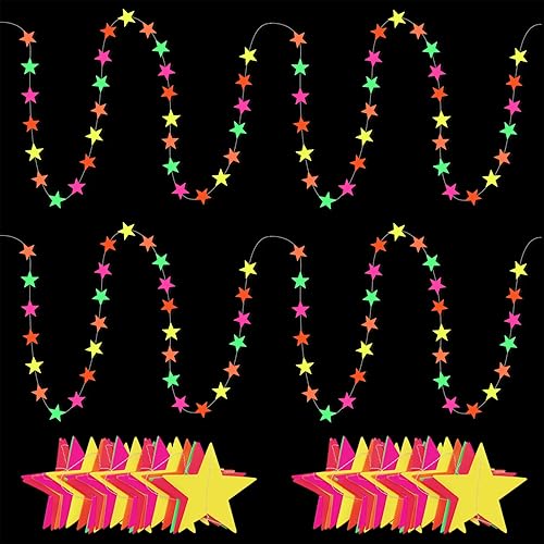 Miniatura 6 de Guirnalda de papel de estrella de neón de 108 pies que brilla en la oscuridad, suministros de fiesta, guirnaldas de papel neón para luz negra
