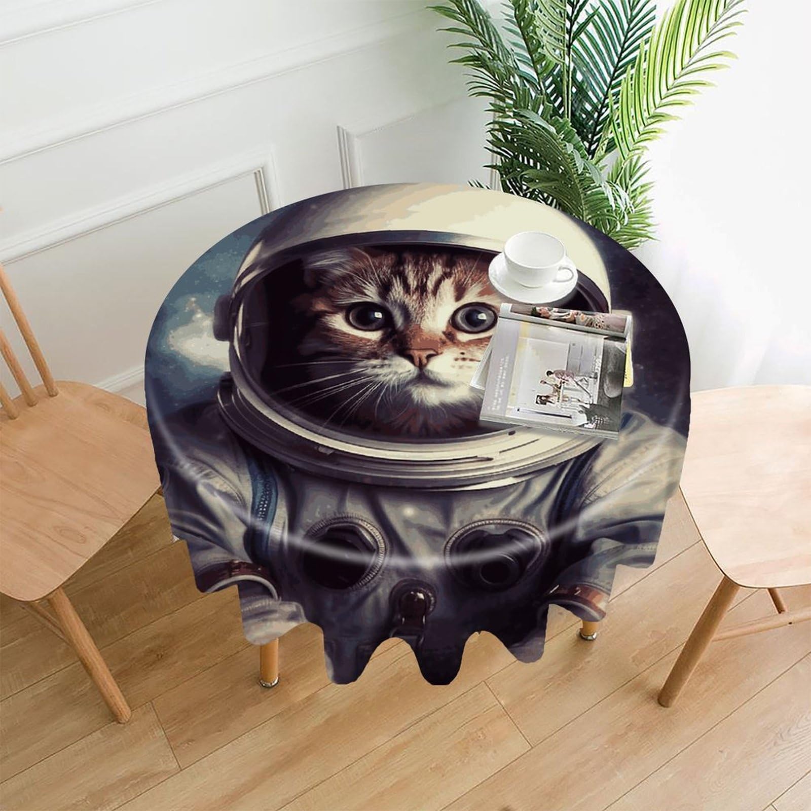 FekiLoot Animal Cat Astronaut Round Tablecloth Cover 60 Inch Wrinkle Free Washable Polyester Fabric Table Cover Decorative Round Table Cloth for Home Dining Kitchen Party Farmhouse