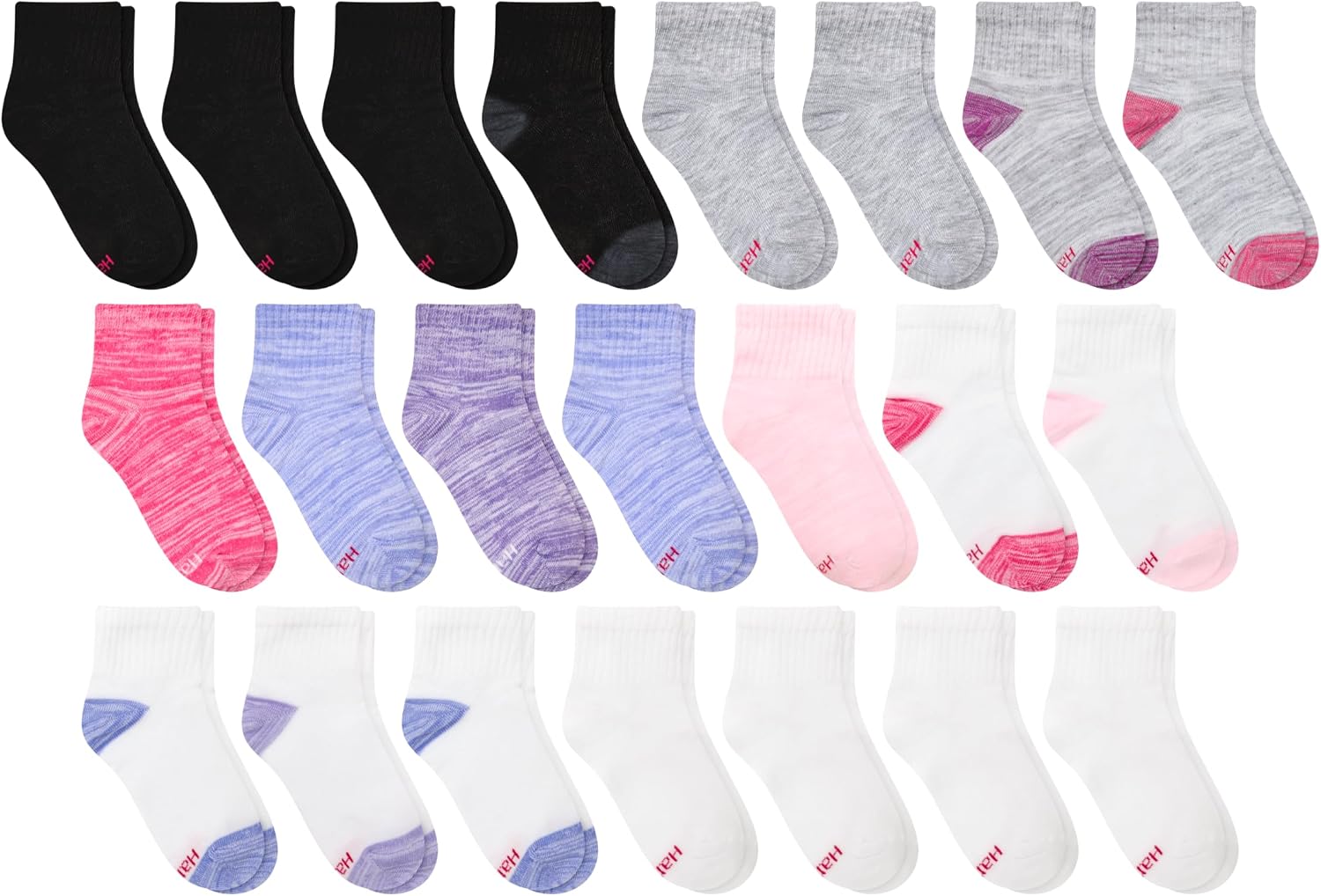 Hanes Girls' Ankle Socks - Super Value 22-pack - Kids Quarter Socks – Lightweight Stretch Comfort - Ez Sort System
