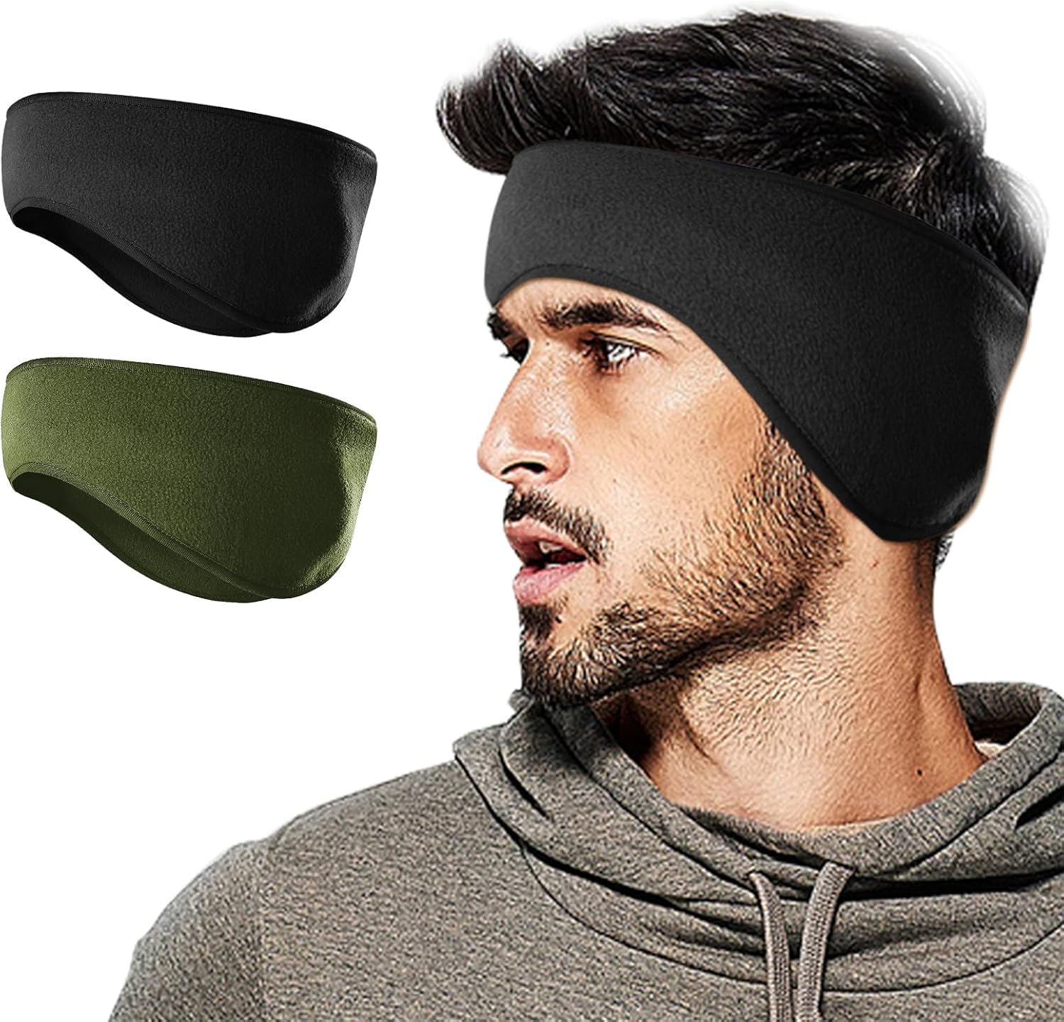 Winter Fleece Ear Warmers Muffs Headband for Men Women Kids Ski Running Cycling (Earmuffs Black And Green)