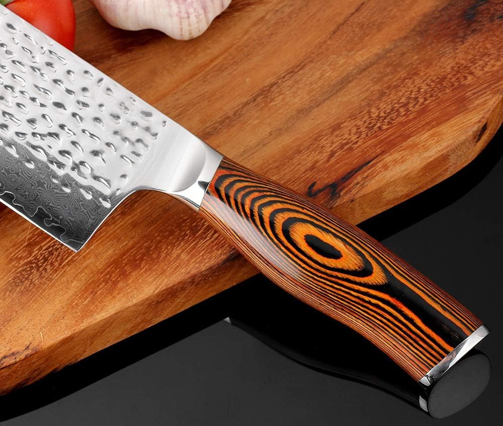 Meat Cleaver Knife, 7 inch Kitchen Knife Japanese VG10 Damascus Chef Knife Color Wood Handmade Forged Santoku Cleaver Slicing Tool