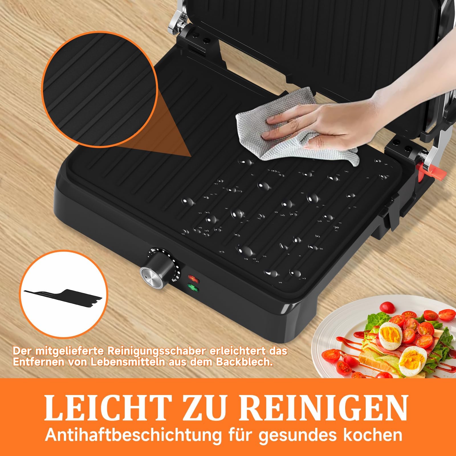 HOMELUX Griglia a contatto 2200 W, sandwich per panini, carne, con piastre antiaderenti 34 x 23 cm, raschietto per pulizia, apertura a 180°, temperatura regolabile, vassoio raccoglitore