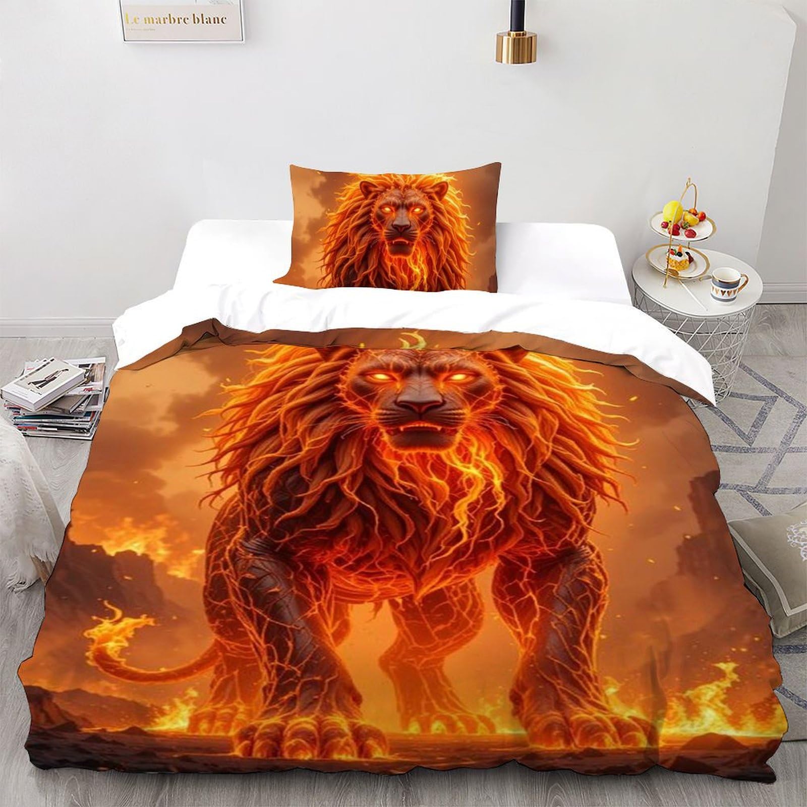 Housse de couette lion 135x200 avec taie d'oreiller en microfibre pour lit enfant single