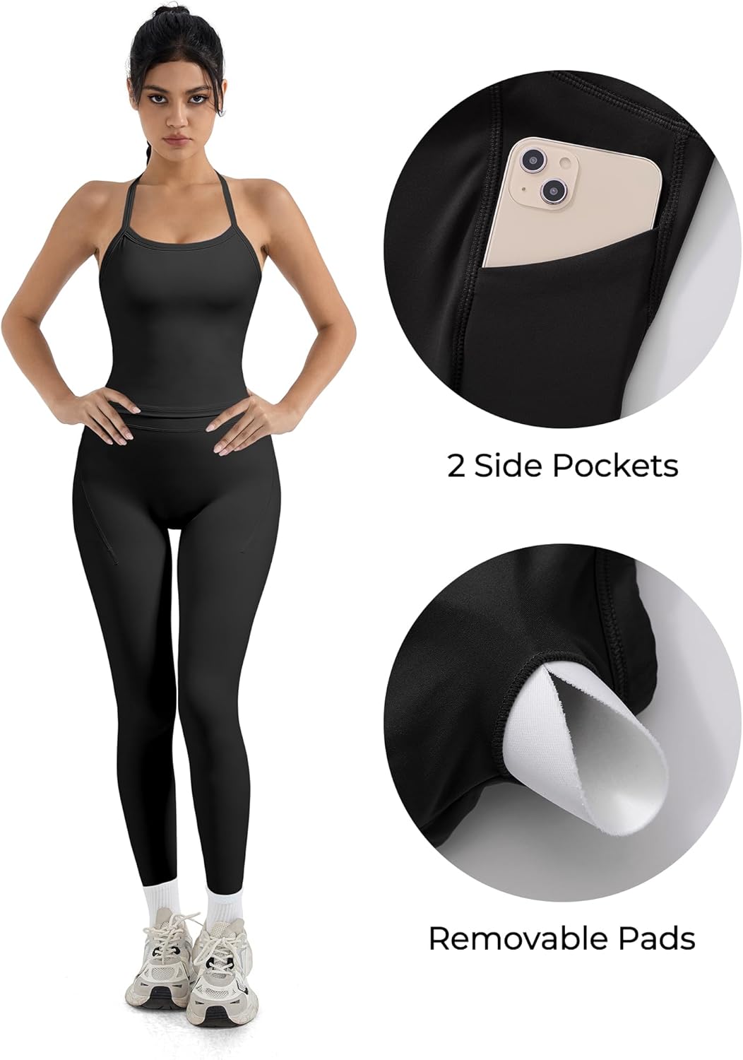 SUUKSESS Women 2 Piece Workout Sets Compression Tummy Control Leggings with Pockets Halter Built in Bra Tank Tops - Image 2