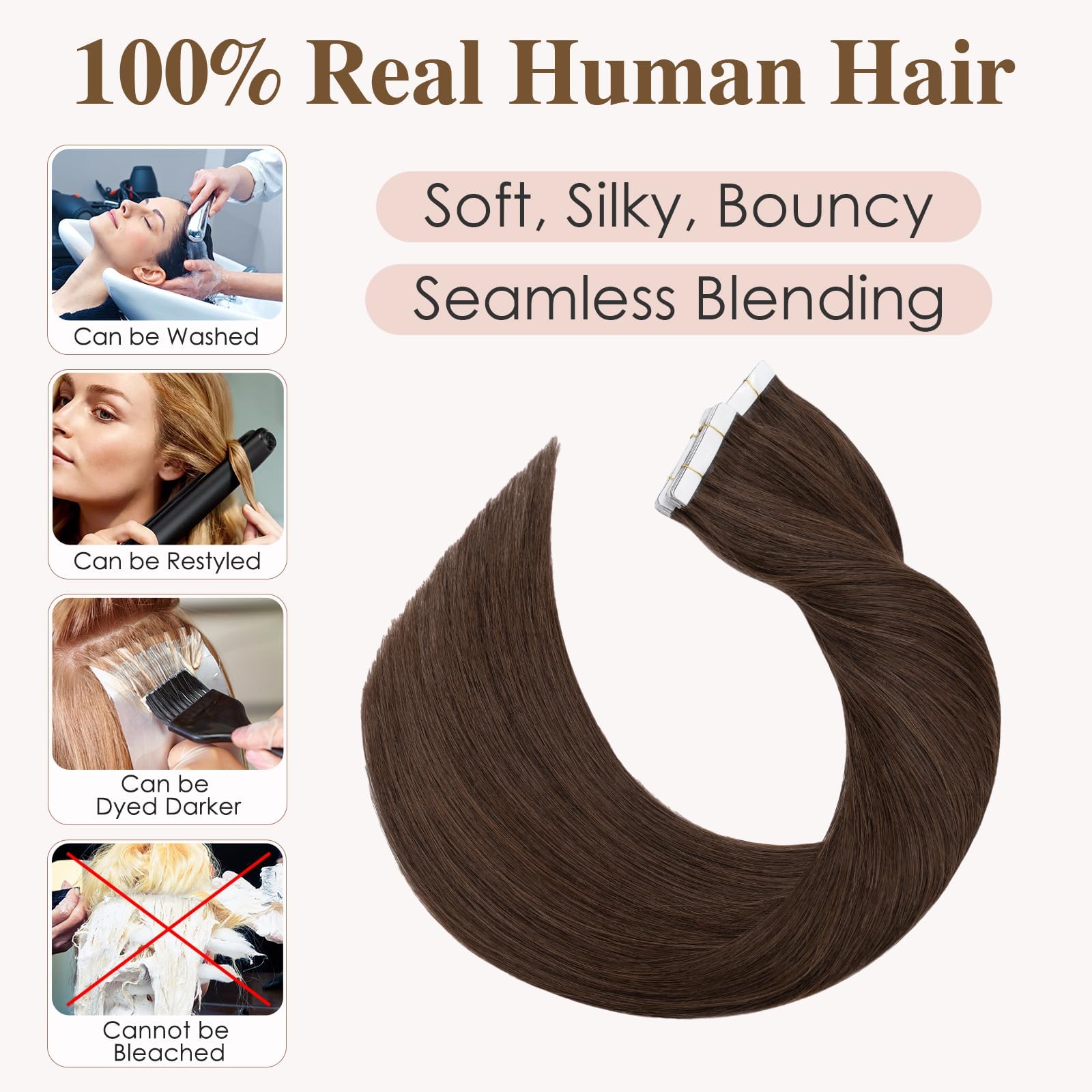 TESS Tape in Hair Extensions Human Hair 10 PCS #04 Medium Brown - 16 Inch Seamless Invisible Real Hair Extension Straight 25g - Image 2