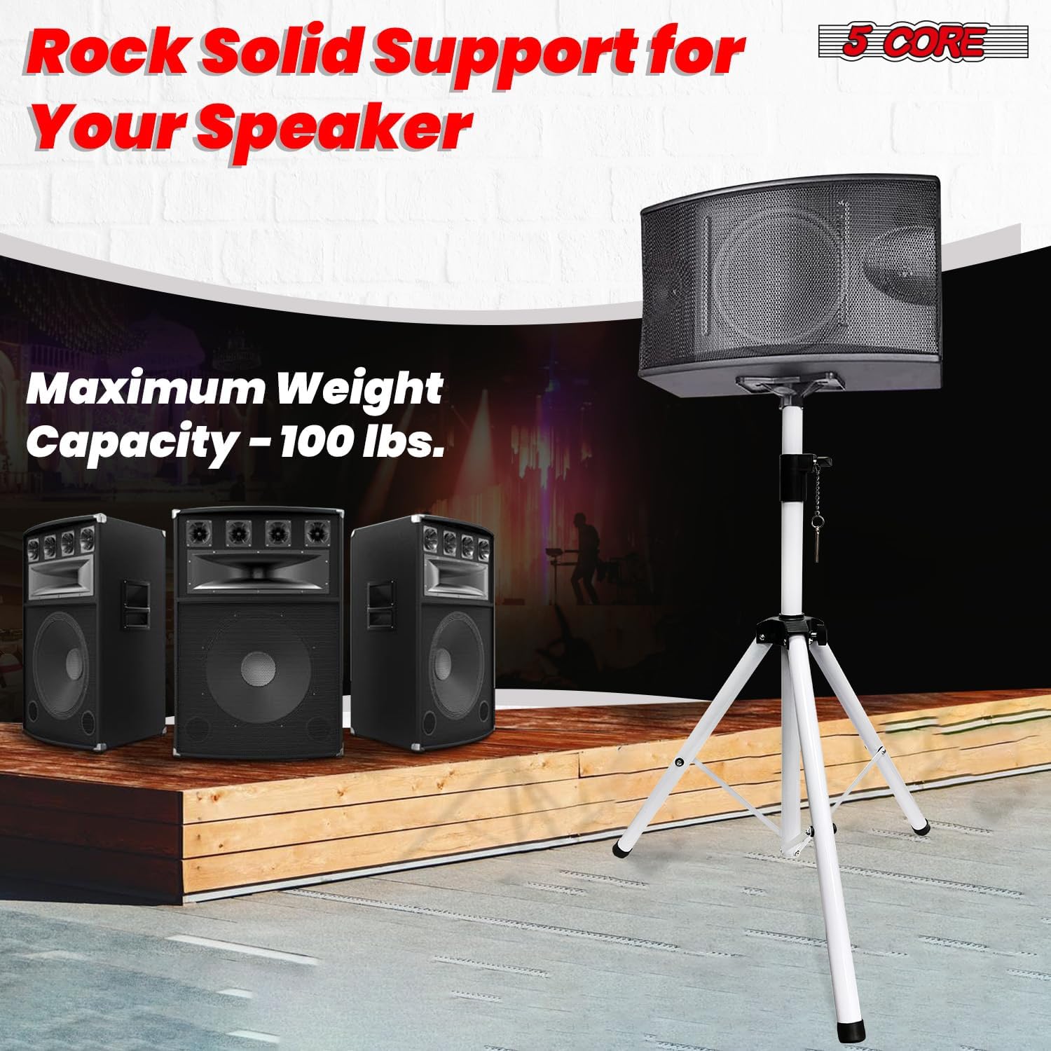 5 Core Adjustable Speaker Stand Tripod – Height 40 to 72 Inches, Max Load 100 lbs Heavy Duty Portable PA DJ Studio Monitor Mount w 35mm Compatible Insert for Stage & Home Use White - SS ECO 1PK WH WoB