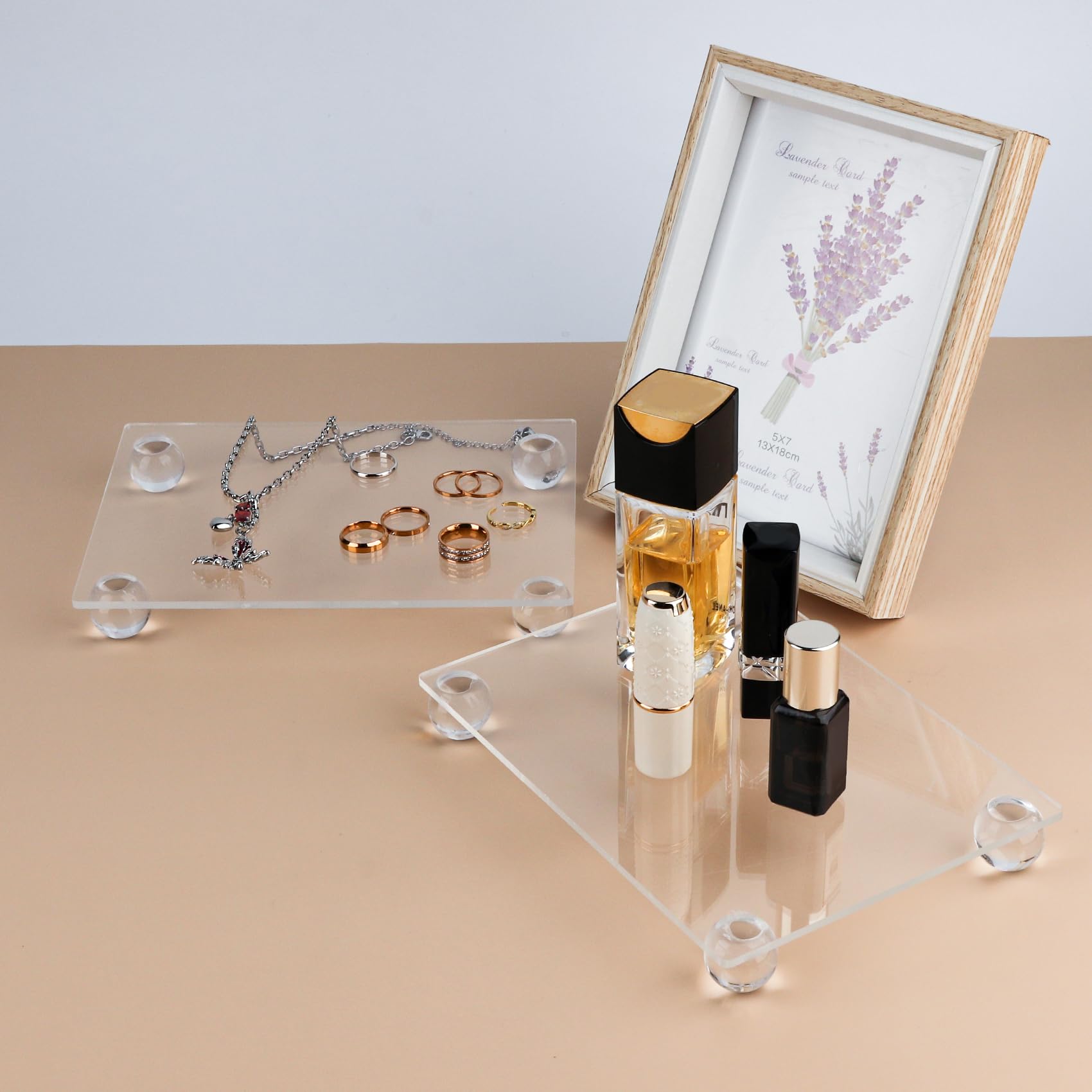Clear Acrylic Square Display Tray, Small Acrylic Riser Stand Trays for Organizing for Bathroom, Candle, Cosmetic, Table, Bar, Vanity, Sink, Perfume (7"x 6")