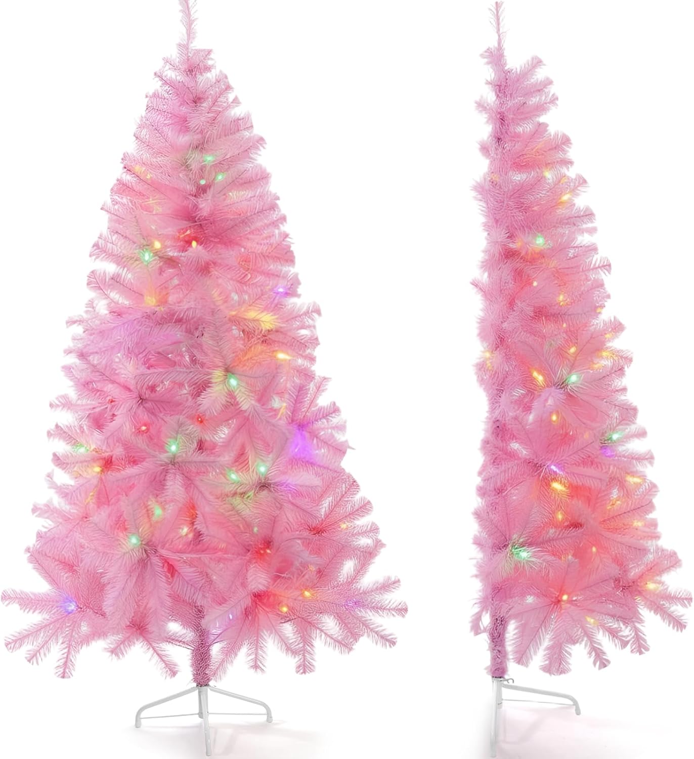 Half Christmas Tree for Wall Corner Artificial Christmas Tree with LED Lights Metal Stand Xmas Holiday Decor for Home Indoor Xmas Party Decoration(Pink,6ft) Pink 6ft