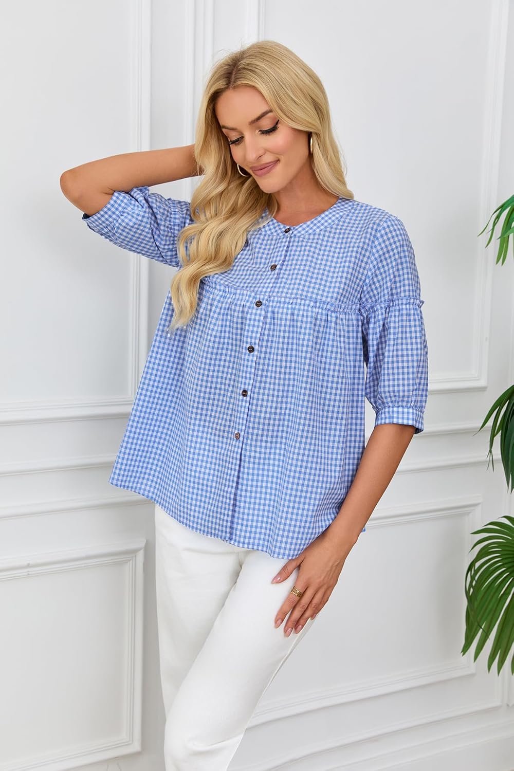 utcoco Womens Plaid Button Down Shirts Casual Loose Fit 3/4 Sleeve Tunic Tops Checkered Blouses - Image 5