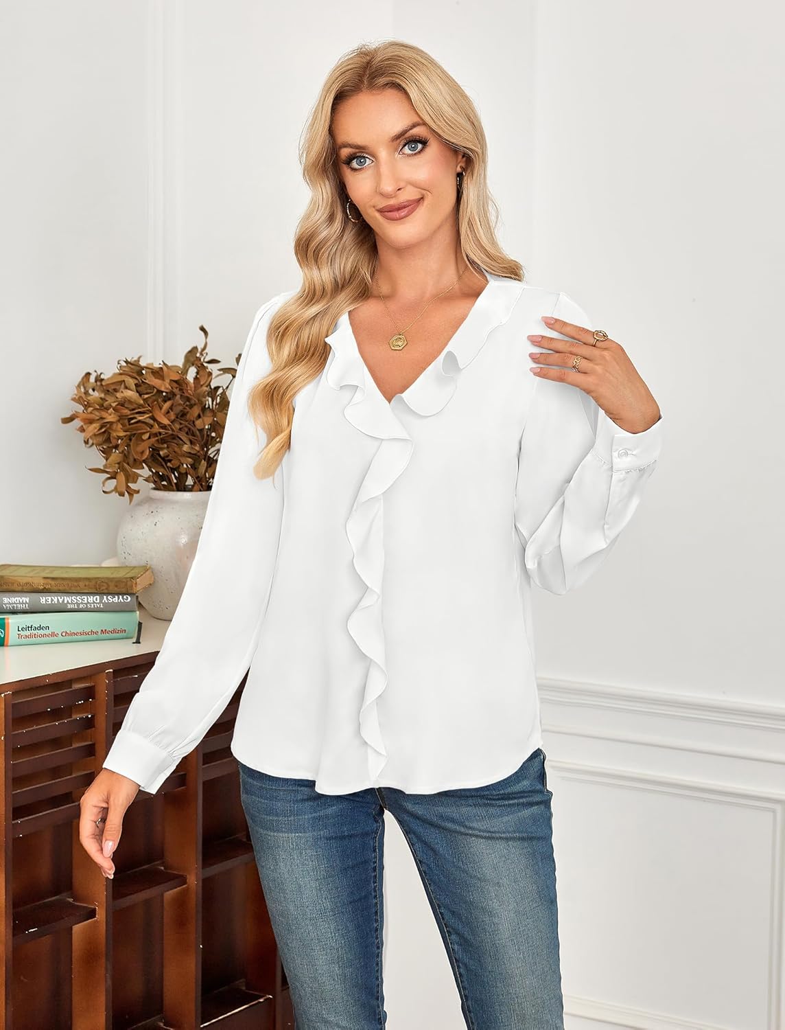 Halife Womens Dressy Casual Blouses Long Sleeve Business Tops Ruffle V Neck Trendy Work Shirts - Image 4