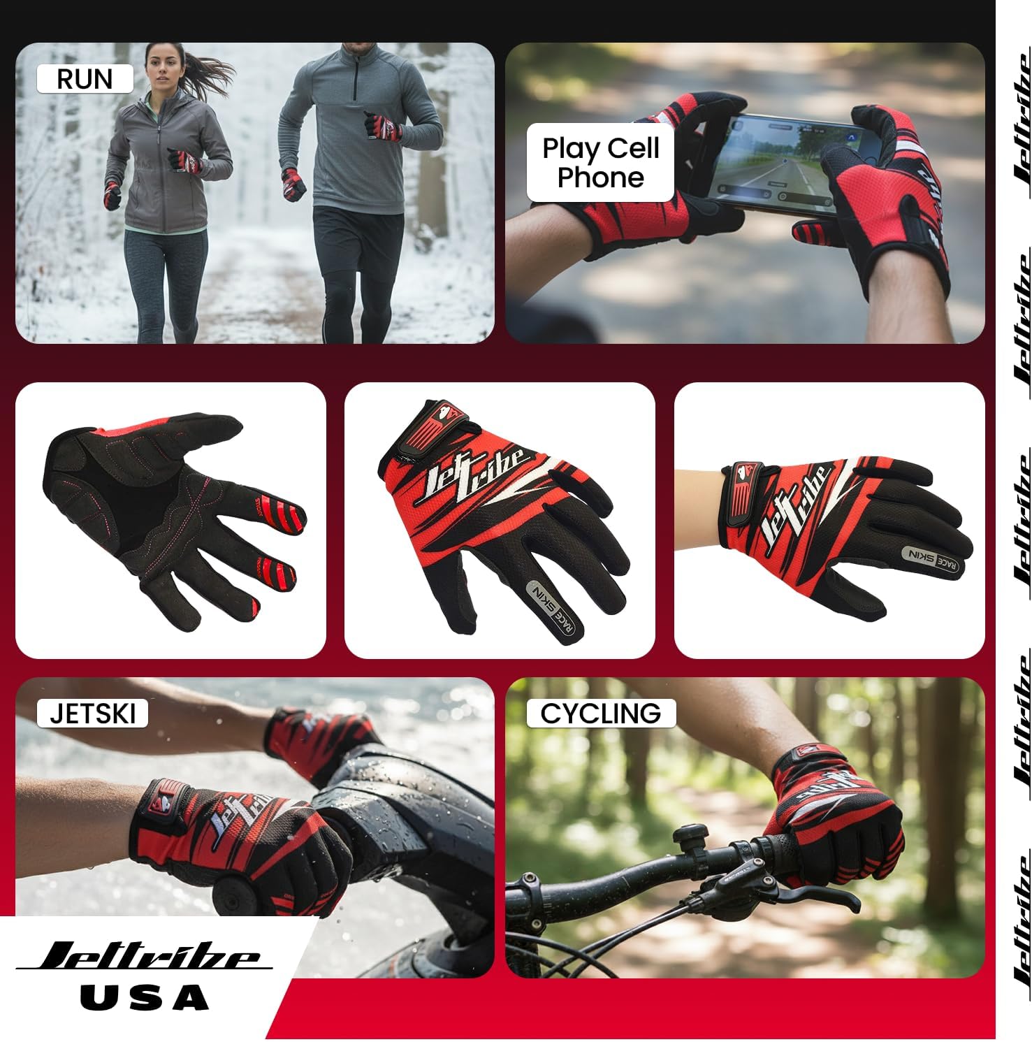 Jettribe Race Skin PWC Recreation Gloves | Thin Breathable Full Finger | Men Women Youth Jet Ski Accessories