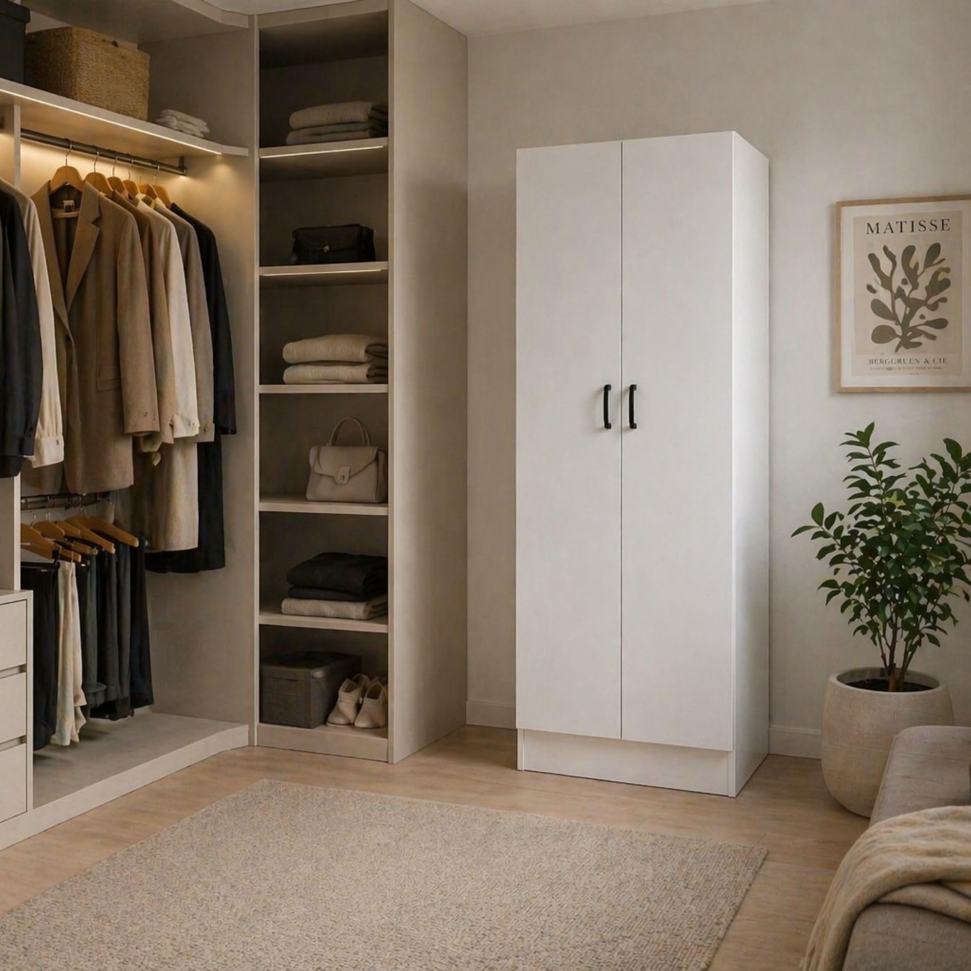 Armadio da Arredo in Legno MDF 60X42X180h CM - 2 Ante, 1 Ripiano, Asta Appendiabiti, per Camera da Letto, Mobile Versatile, Guardaroba, Salvaspazio, Maniglie - Texture Venata (Bianco)