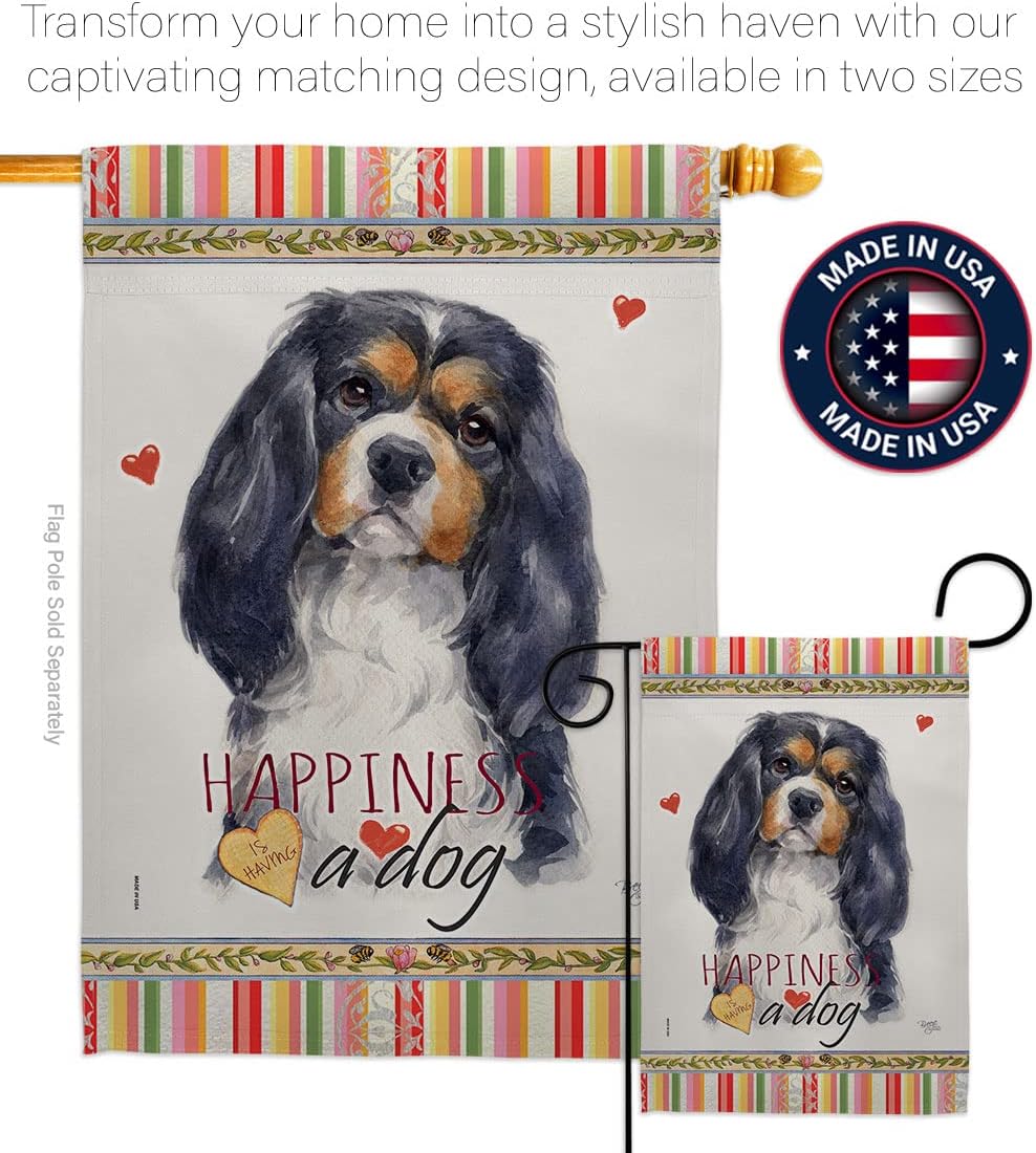 Breeze Decor Cavalier Spaniel Happiness House Flag Pack Dog Puppy Spoiled Paw Canine Fur Pet Nature Farm Animal Creature Vintage Applique Banner Small Garden Yard Gift Double-Sided, Made in USA