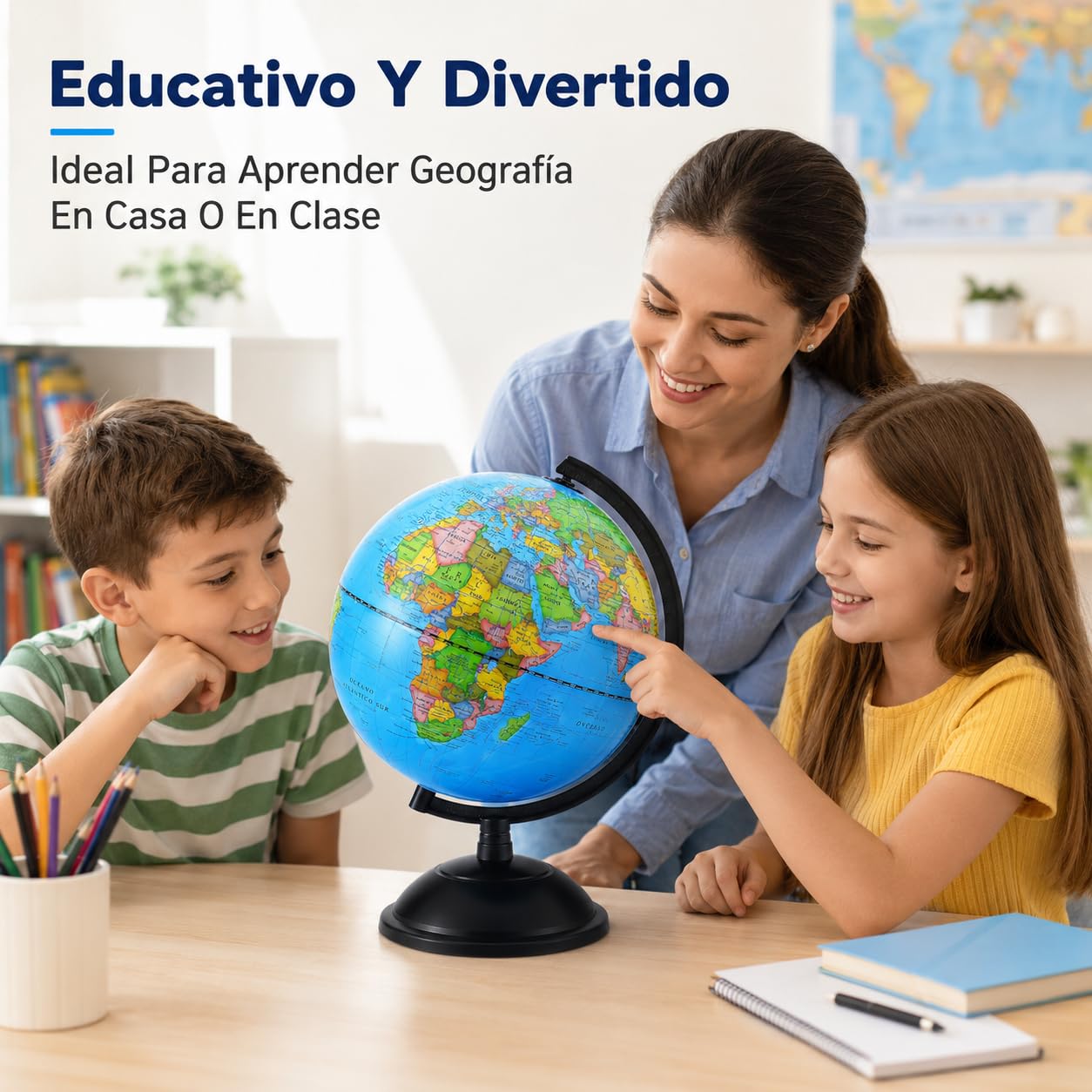 Exerz Globo Terráqueo 20 cm Mapa Español Base Negra Para Escritorio | Diseño giratorio con arco graduado lectura clara para escuela oficina habitación estudio y regalo educativo