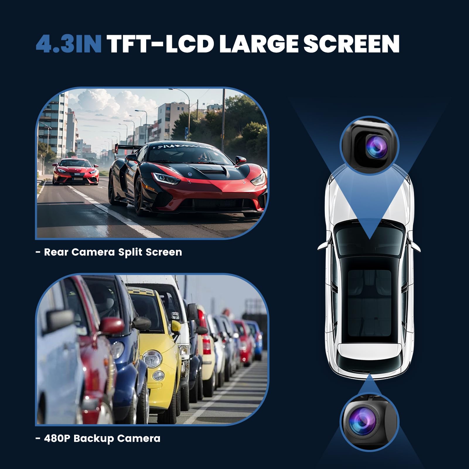 Monitor retrovisore dell'automobile HD 4.3in, macchina fotografica retromarcia veicolo delle macchine fotografiche di sostegno della macchina fotografica a tenuta stagna della macchina fotograf