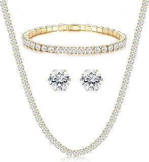 Cubic Zirconia Necklace Earrings Bracelet Set for Women - 18K Gold Plated - Hypoallergenic - Set of 3