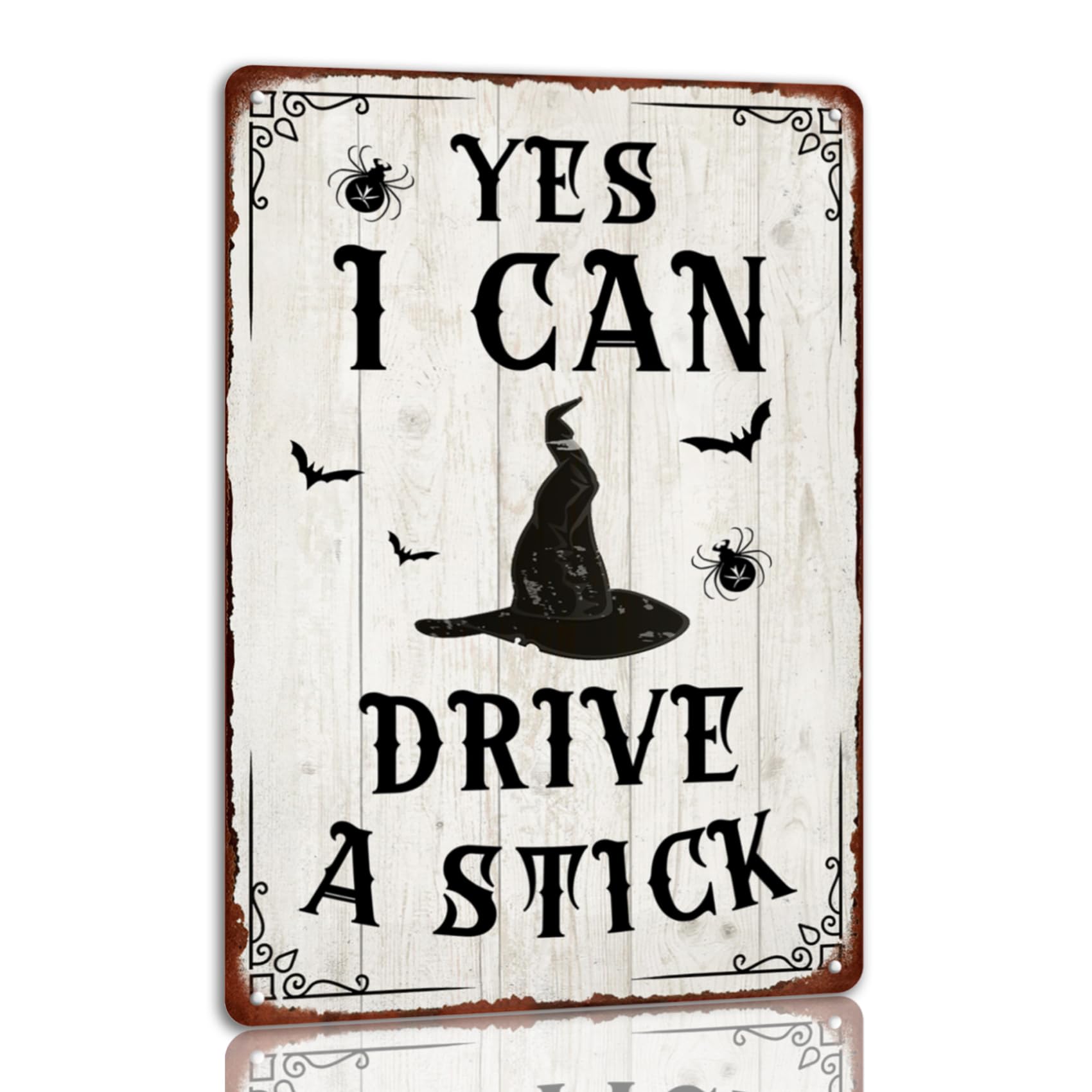 SMAZDFXX Yes i Can Drive a Stick Tin Sign Halloween Metal Signs Autumn Witch Ghost Pumpkin Wall Decor Sign For Home Kitchen Cafe 5.5"x8"