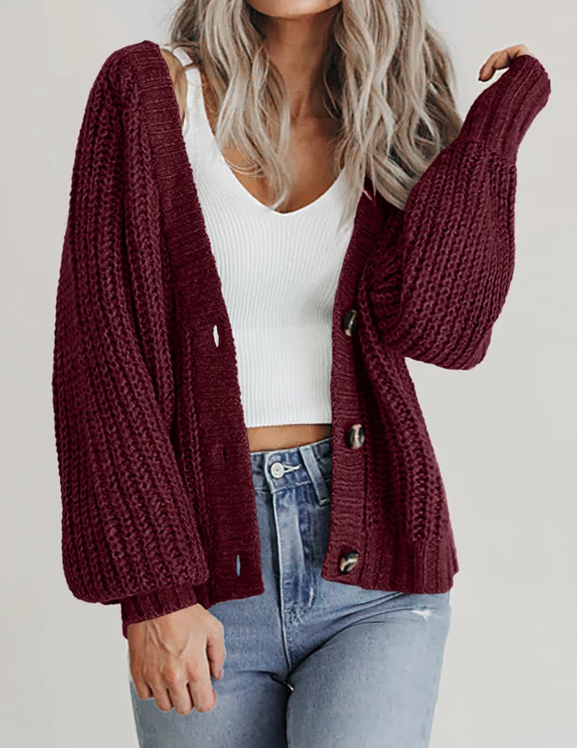 Zeagoo Women's 2026 Fall Chunky Knit Cardigans Open Front Long Sleeve V Neck Button Loose Cardigan Sweaters - Image 3