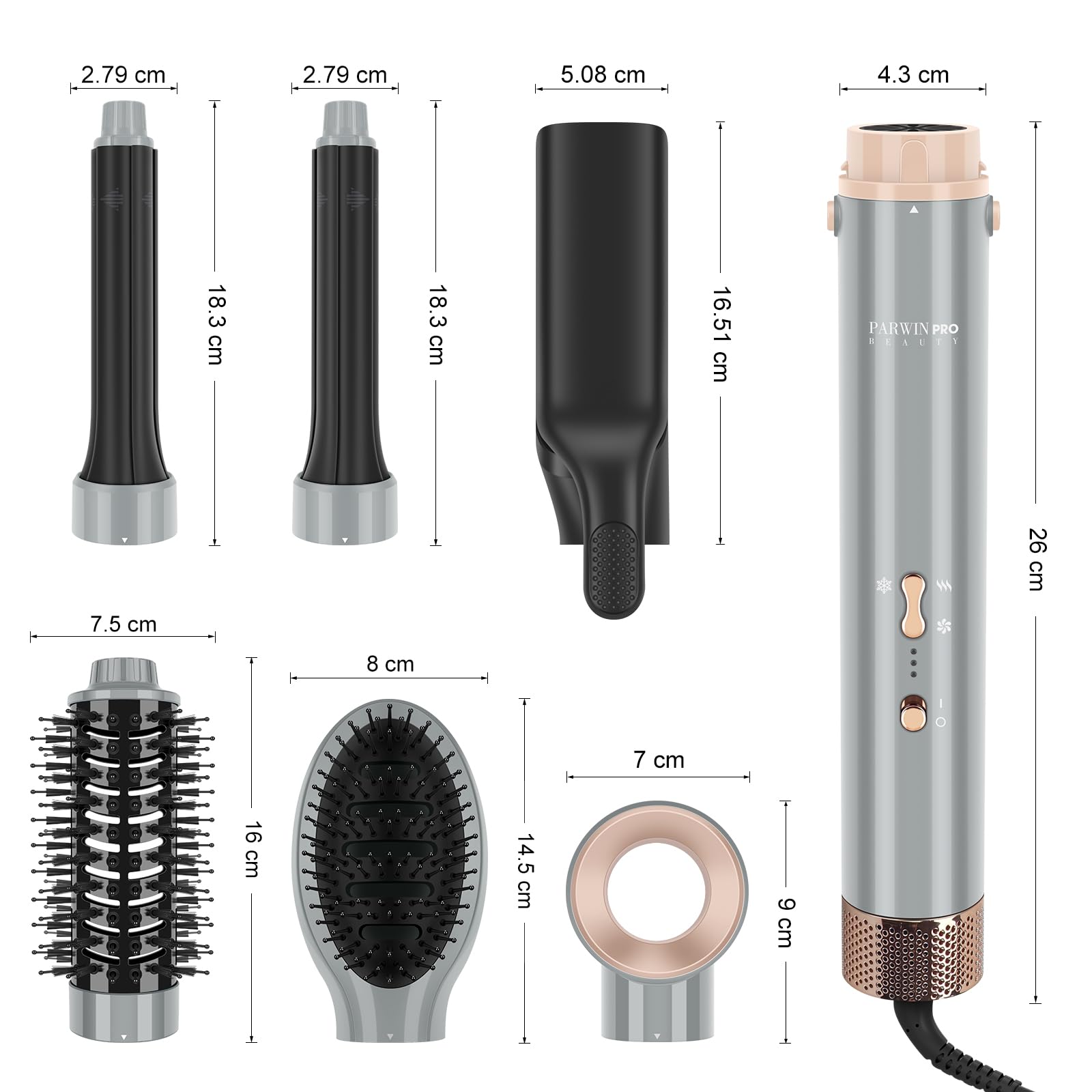 PARWIN PRO BEAUTY set di spazzole per capelli ad aria calda, 6 in 1, per asciugacapelli, set di spazzole ad aria calda, 110,000 giri/min, motore ad alta velocità