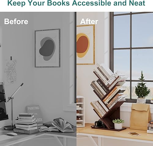 Miniatura 6 de Estantería de árbol de 5 niveles, organizador de almacenamiento de libros, estante de almacenamiento de madera para oficina, hogar, escuela, estante