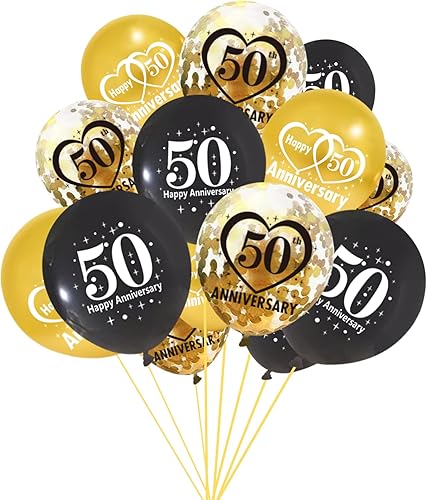 Lnlofen Kit de 30 decoraciones de 50 aniversario, globos de látex de confeti de látex de 12 pulgadas, color negro y dorado de 12 pulgadas,