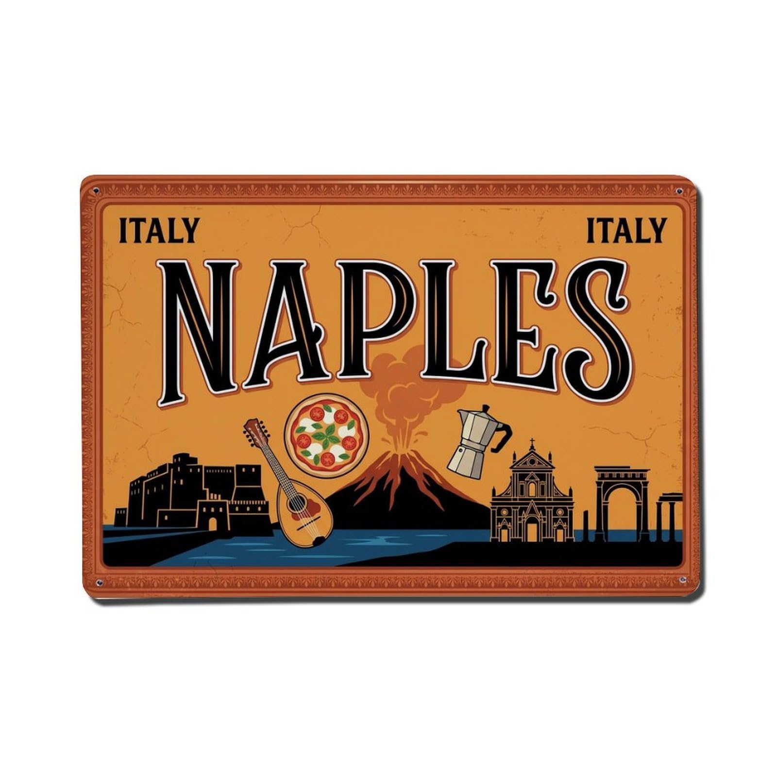 Vintage Travel Naples Italy Vesuvius Pizza Metal Tin Sign