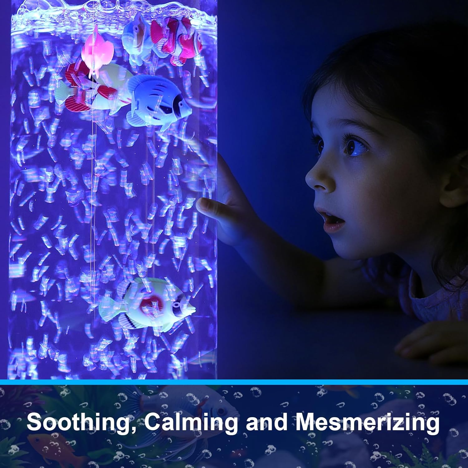 3.6FT Extra Wide Sensory Bubble Tube Lamp - 120mm Premium Acrylic Floor Lamp with 9 Floating Fish & 3-Speed Bubbles, 16 Color Changing LED Light for Autism, ADHD, Calming & Bedroom Decor