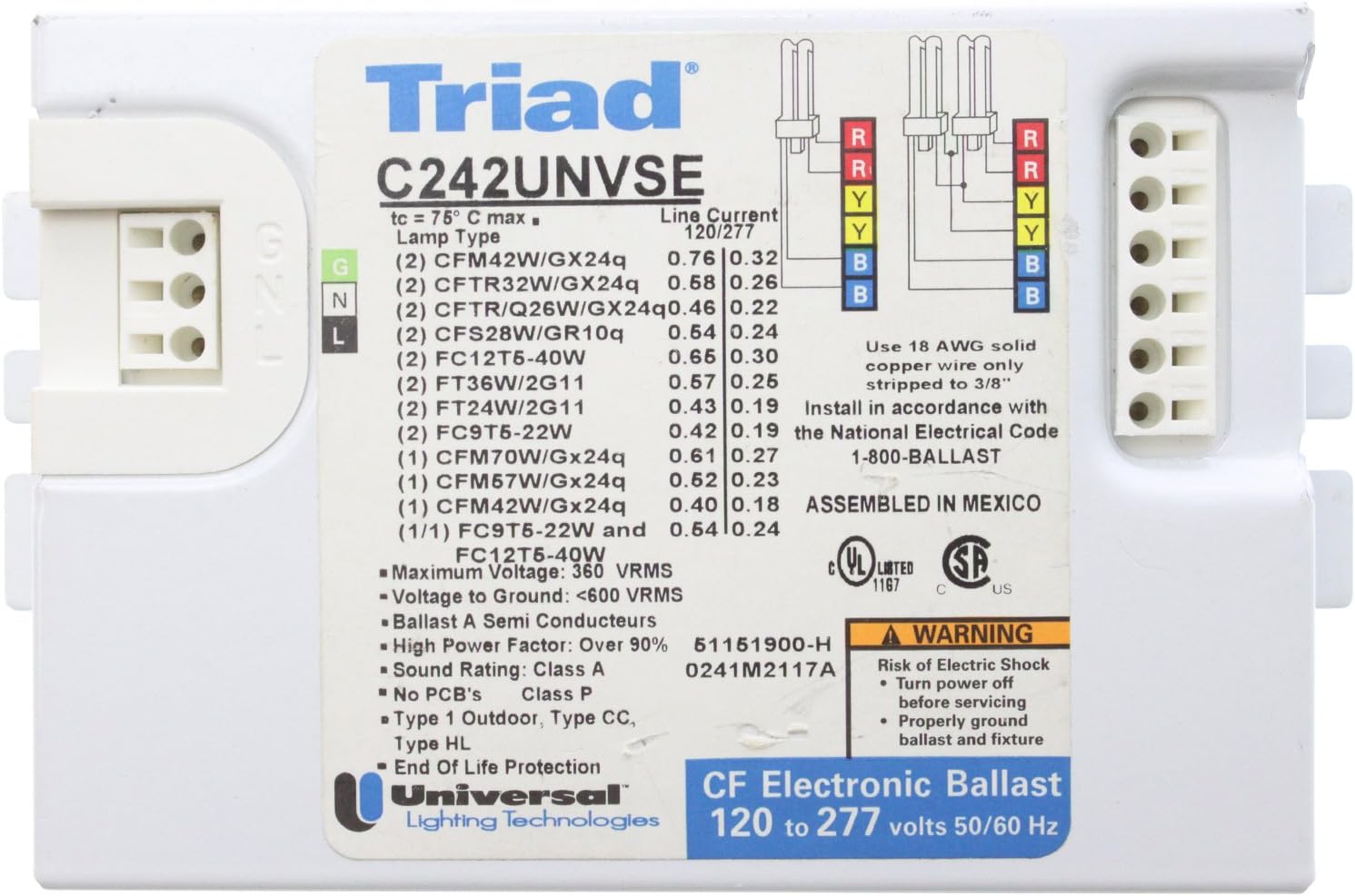 Universal C242UNVSE Triad Compact Fluorescent Electronic Ballast, 2 Lamp CFL