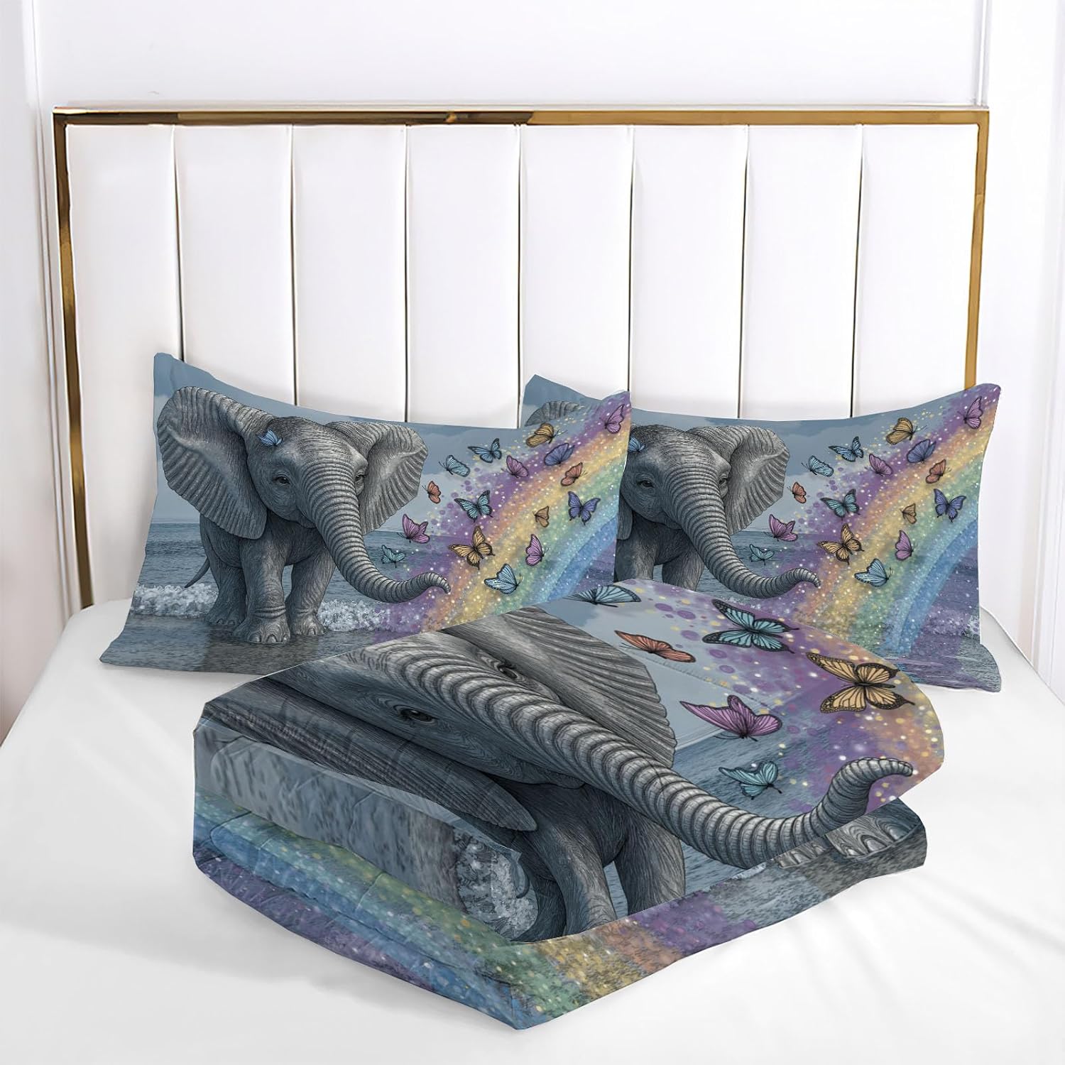 Gray-Blue 80" x 90" Duvet, Reversible Coverless Children Boys Girls 3 Duvet, Full Washable Quilt 7.5 Tog for All Seasons, Rainbow Butterfly Comforter with 2 Pillowcases