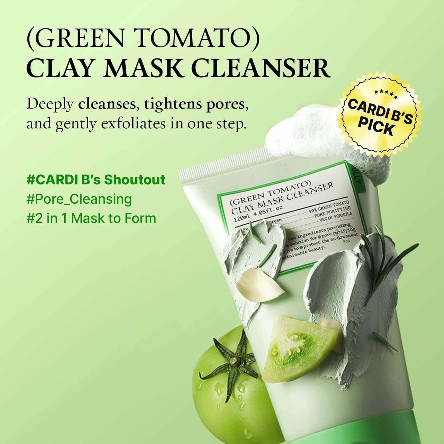 FULLY Green Tomato Facial Cleanser, Cardi B’s Clay Mask Cleanser for Deep Pore Cleanse & Pore Detox, Blackhead & Sebum Control, Gentle Face Wash for Women, Korean Skincare thumbnail
