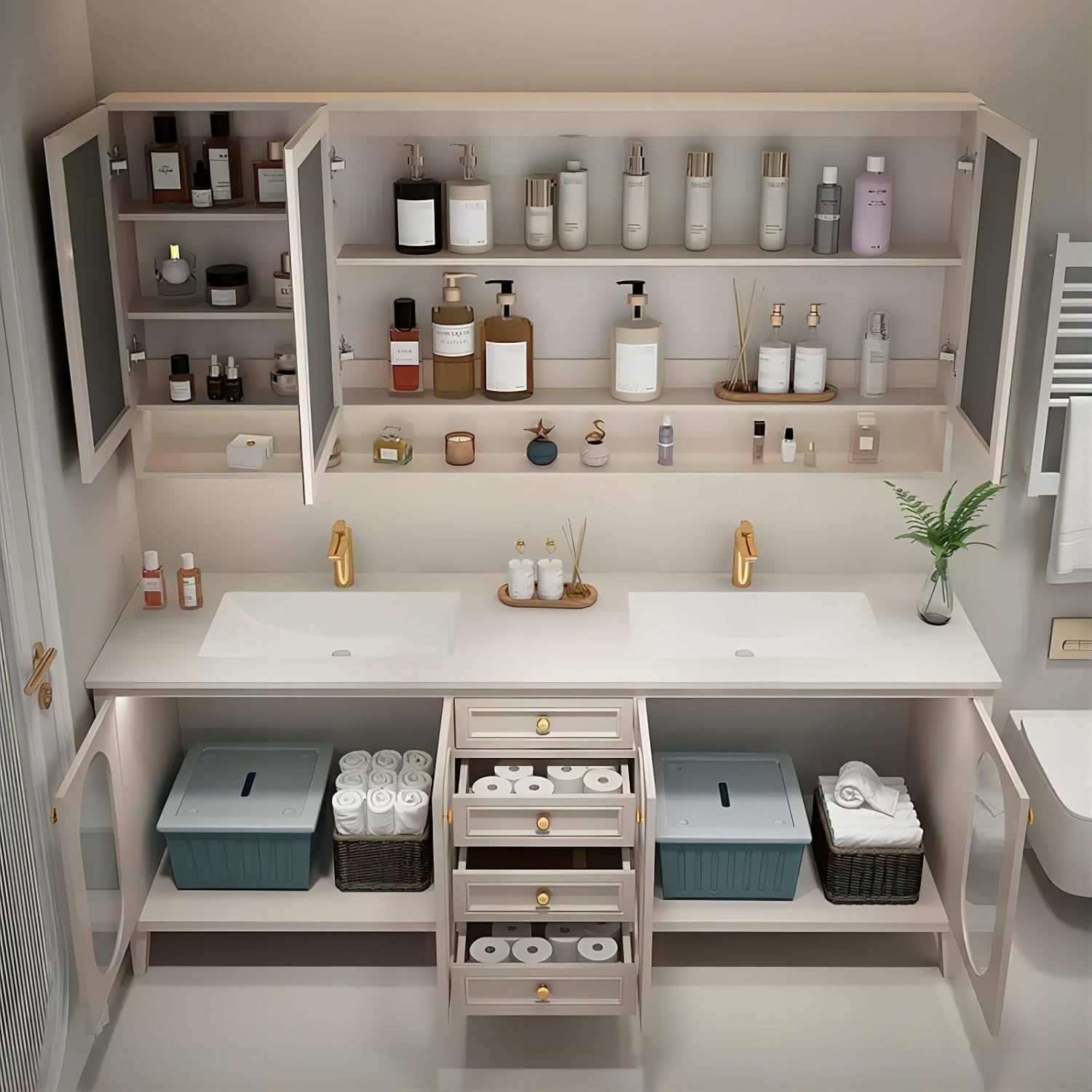 55IN Double Sink Vanity 4 Drawers 4 Doors Floor Standing Bathroom Vanity with Smart Touch Mirror Cabinet (63IN)