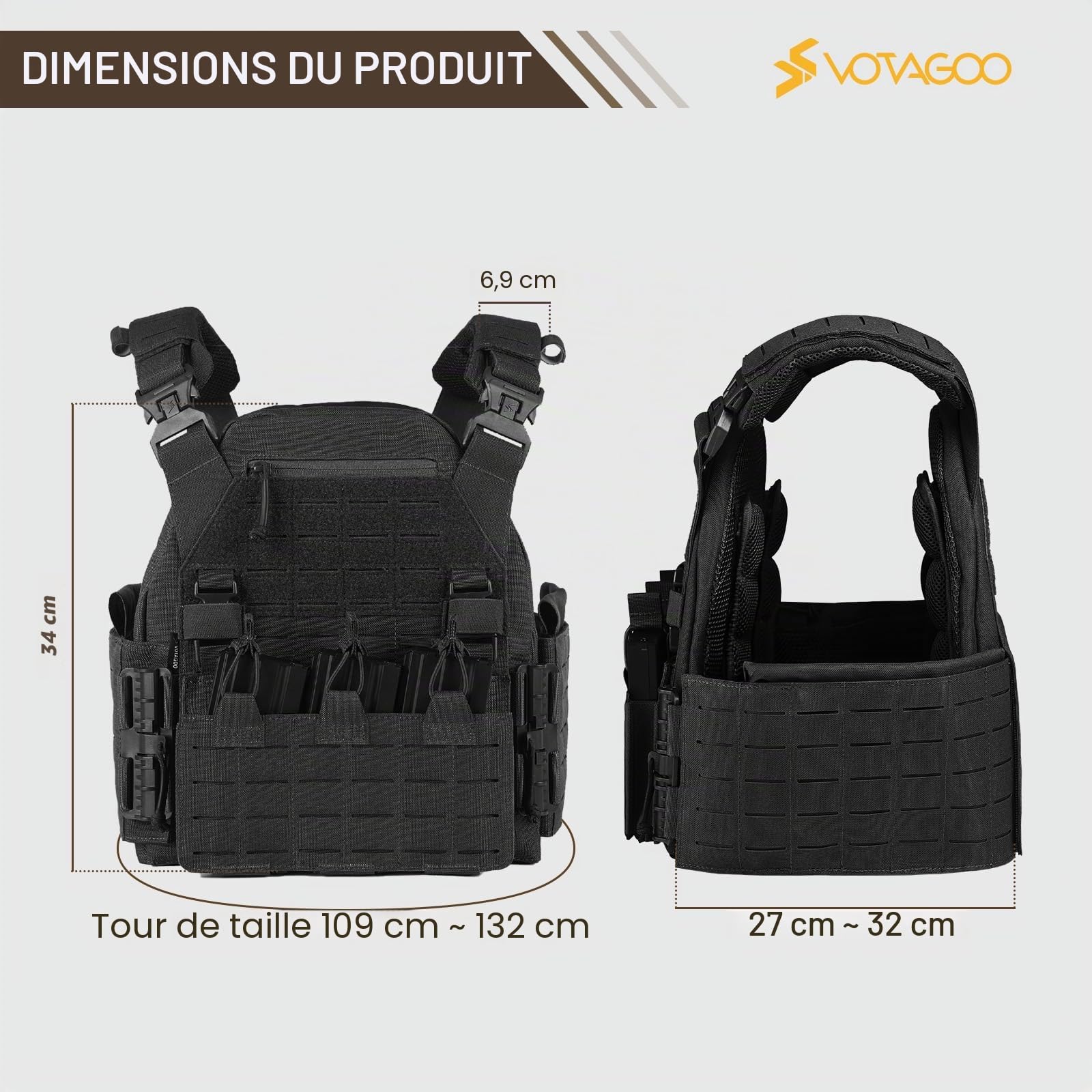 VOTAGOO Gilet tactique pour homme - Gilet militaire à bretelles - Gilet respirant - Paintball - Protège-poitrine