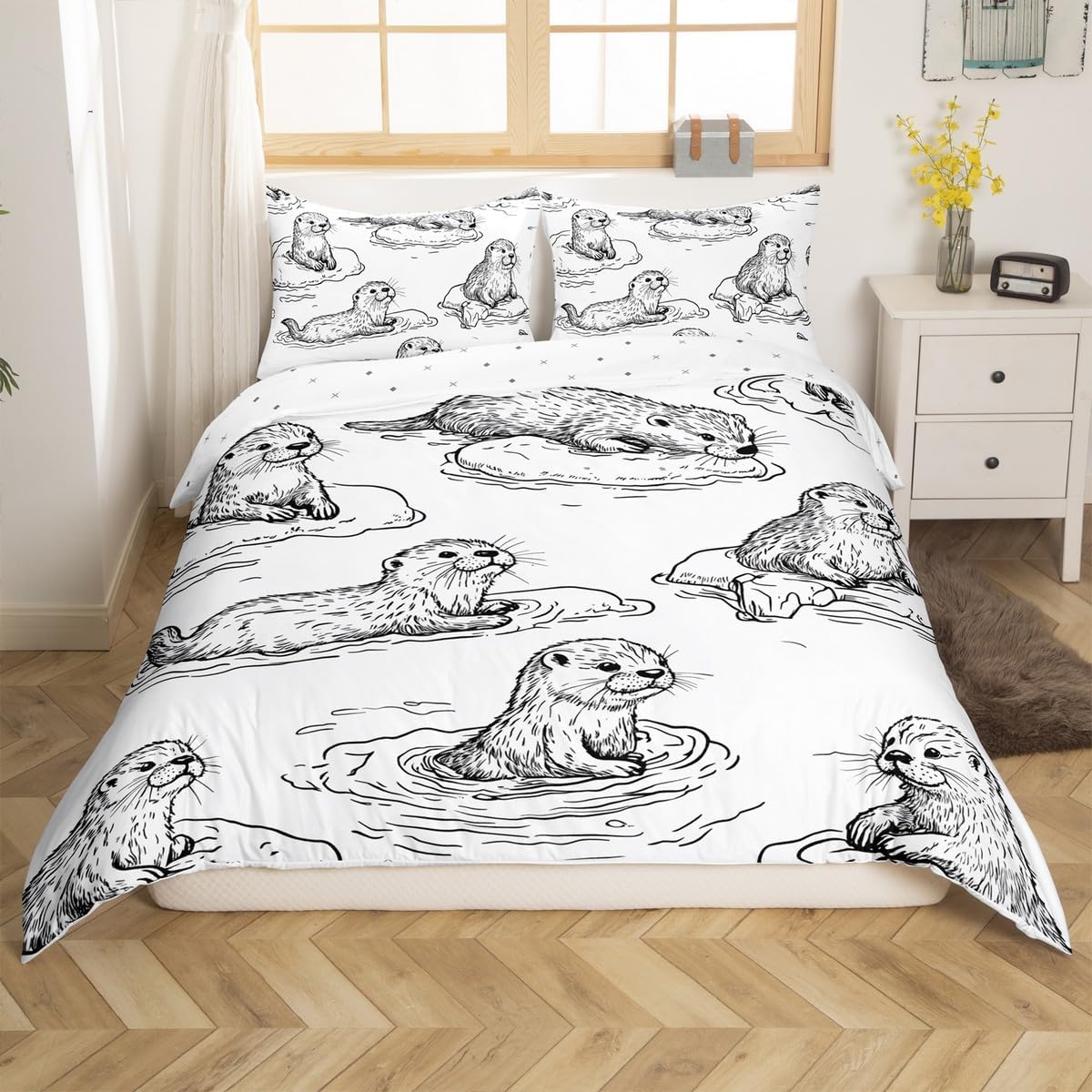 Erosebridal Kids Sea Otter Queen Duvet Cover,Sketch Otter Bedding Set for Girls Boys Room Decor,Ocean Sea Animal Comforter Cover Black and White Bed Set,2 Pillowcases (No Comforter)